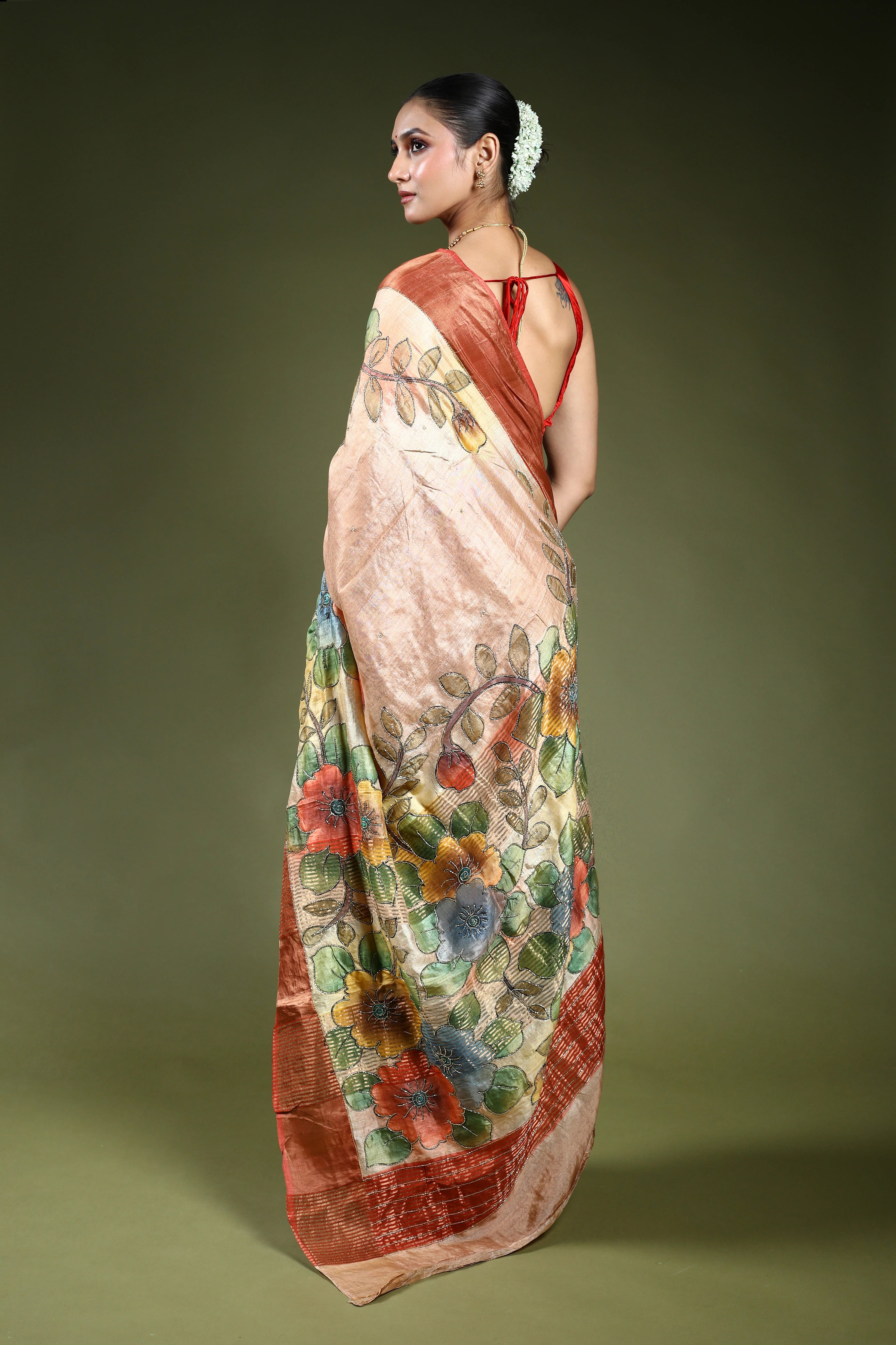 Beige Tussar Cutdana Embroidery Saree With Blouse Piece