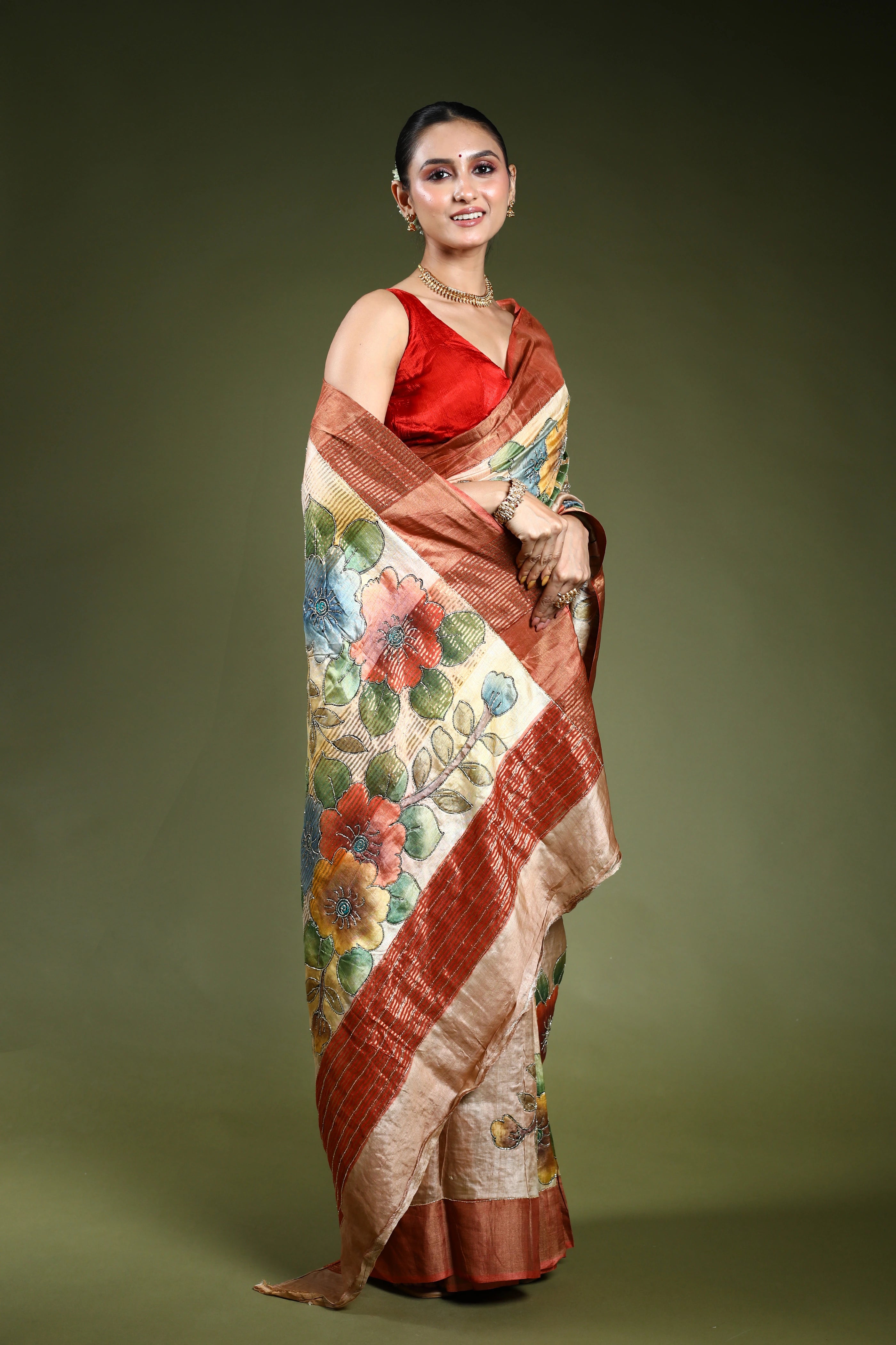 Beige Tussar Cutdana Embroidery Saree With Blouse Piece