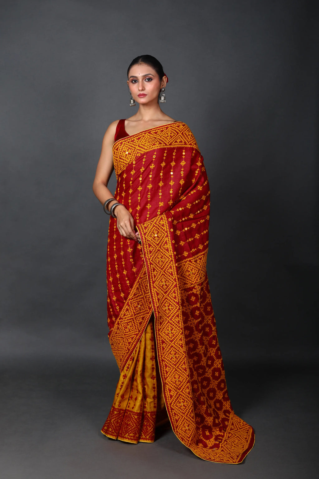 Half Red Half Yellow Tussar Hand Gujarati Saree With Blouse Piece