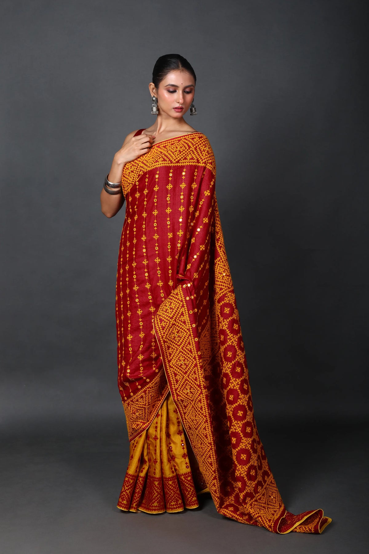 Half Red Half Yellow Tussar Hand Gujarati Saree With Blouse Piece