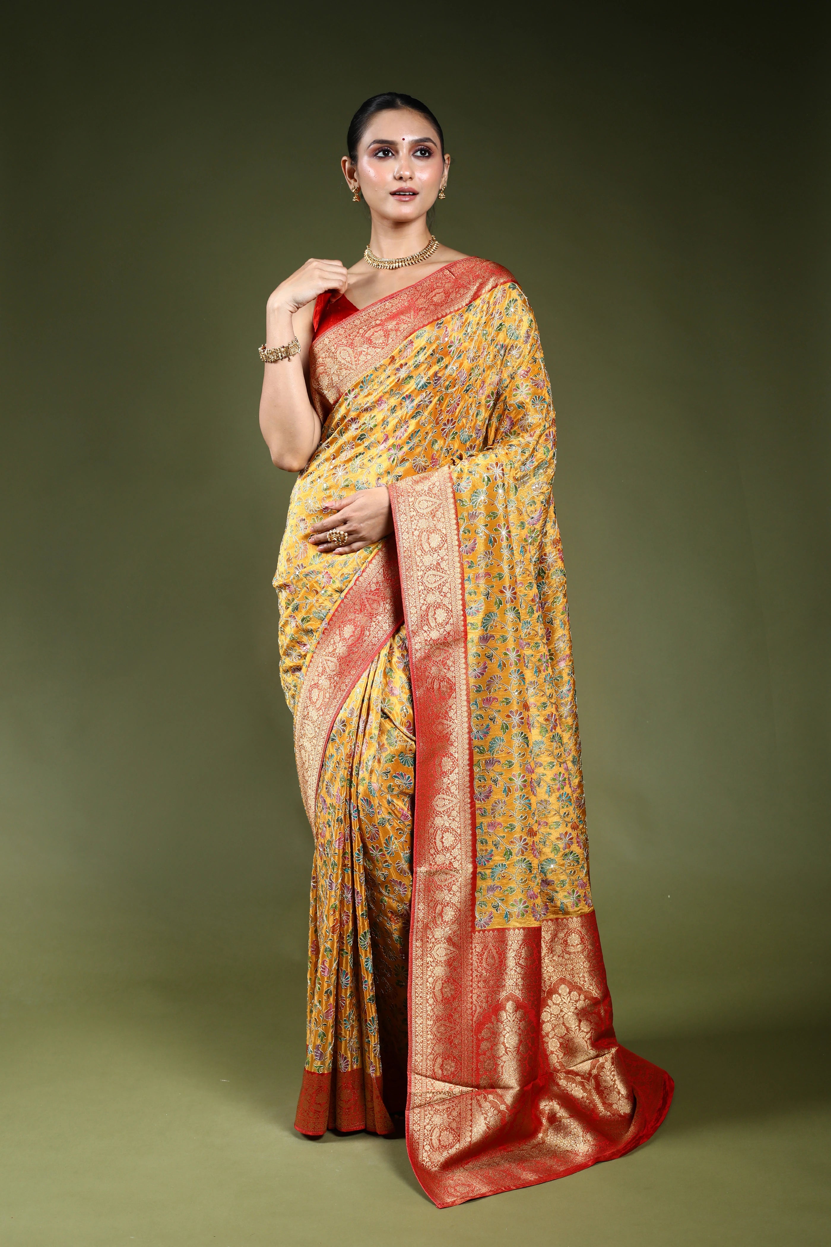 Turmeric Yellow Semi Tissue Kani Aari Work Saree With Blouse Piece