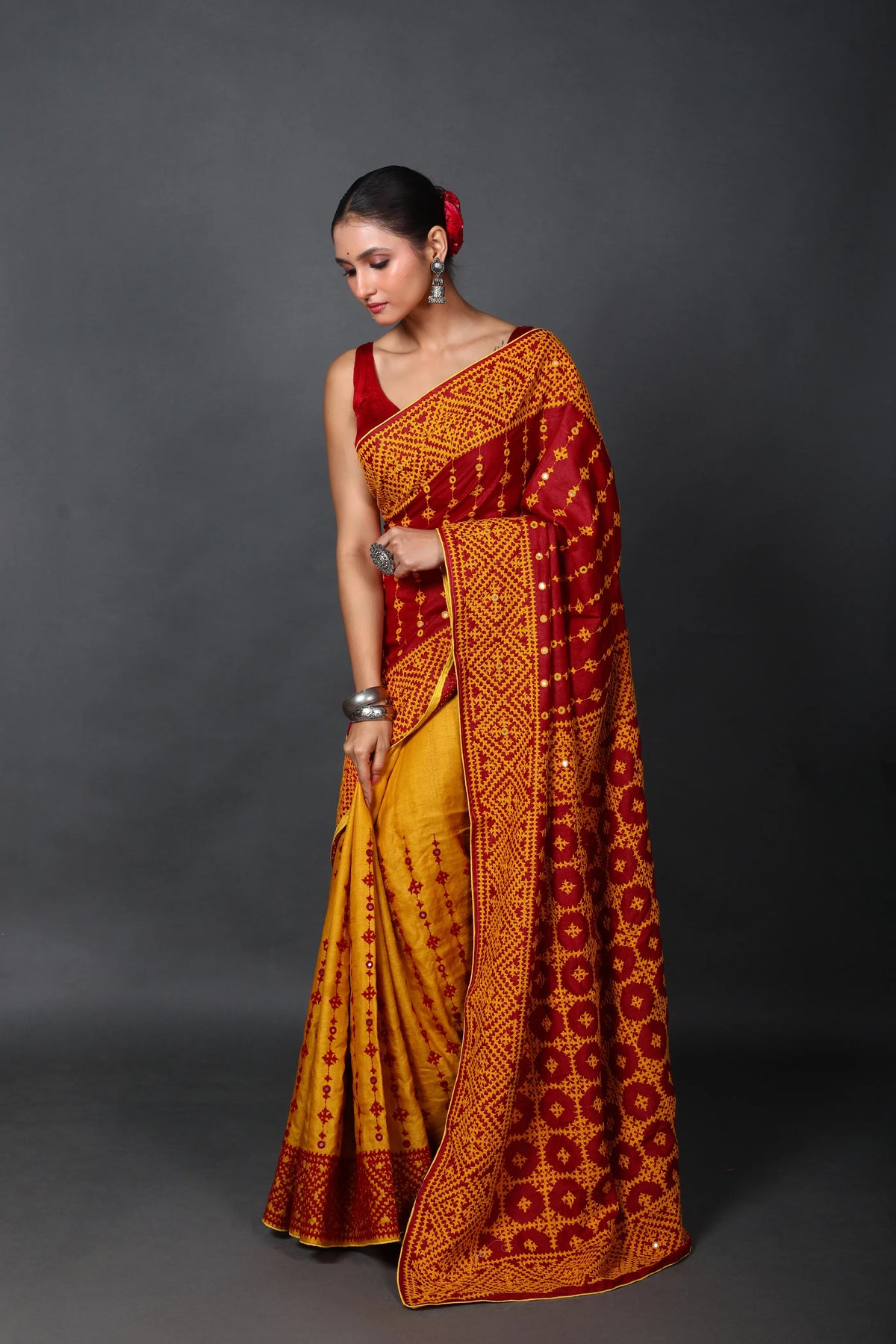 Half Red Half Yellow Tussar Hand Gujarati Saree With Blouse Piece
