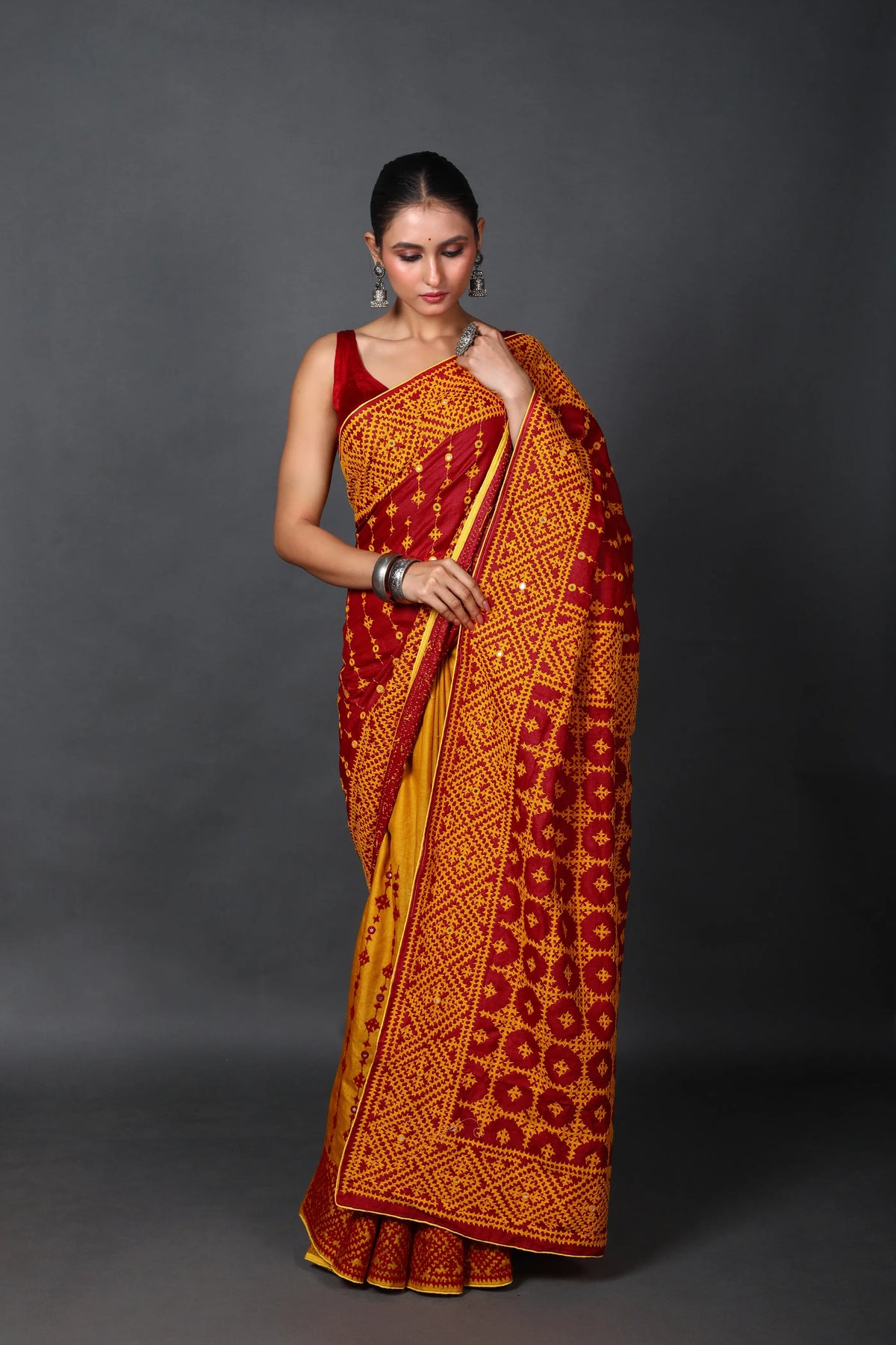 Half Red Half Yellow Tussar Hand Gujarati Saree With Blouse Piece