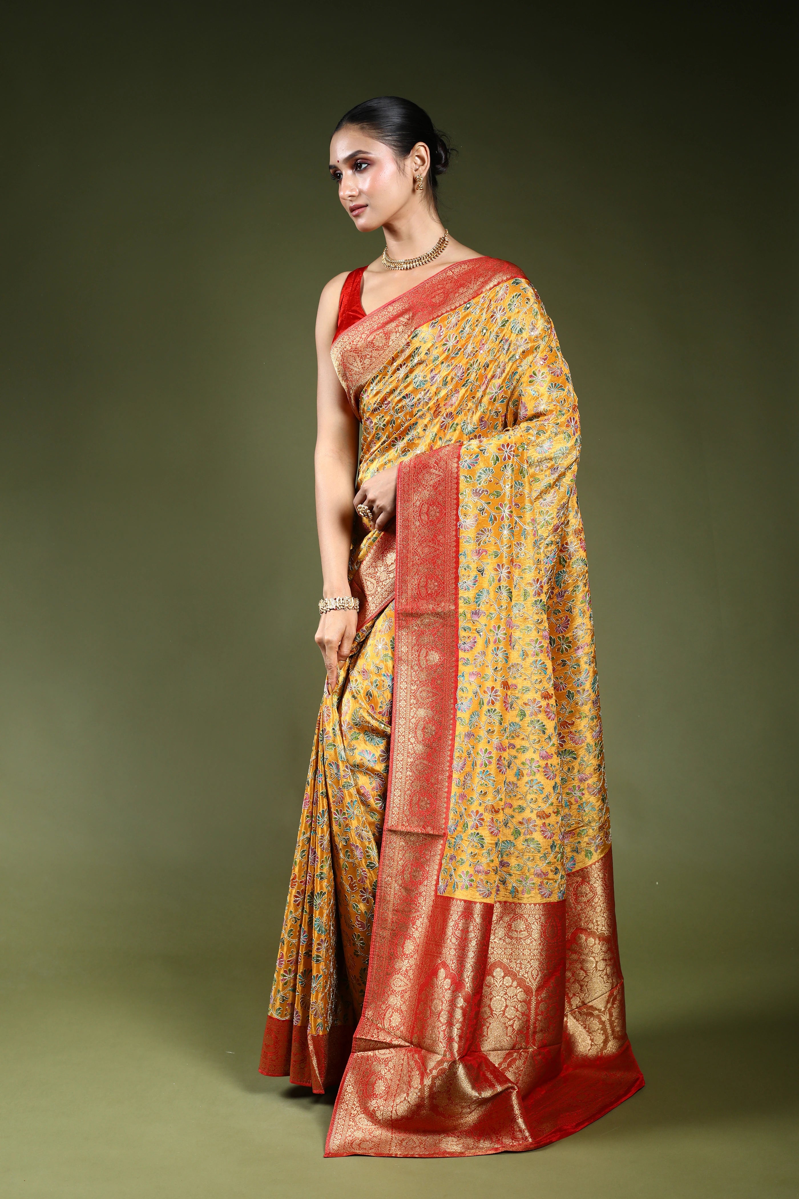 Turmeric Yellow Semi Tissue Kani Aari Work Saree With Blouse Piece