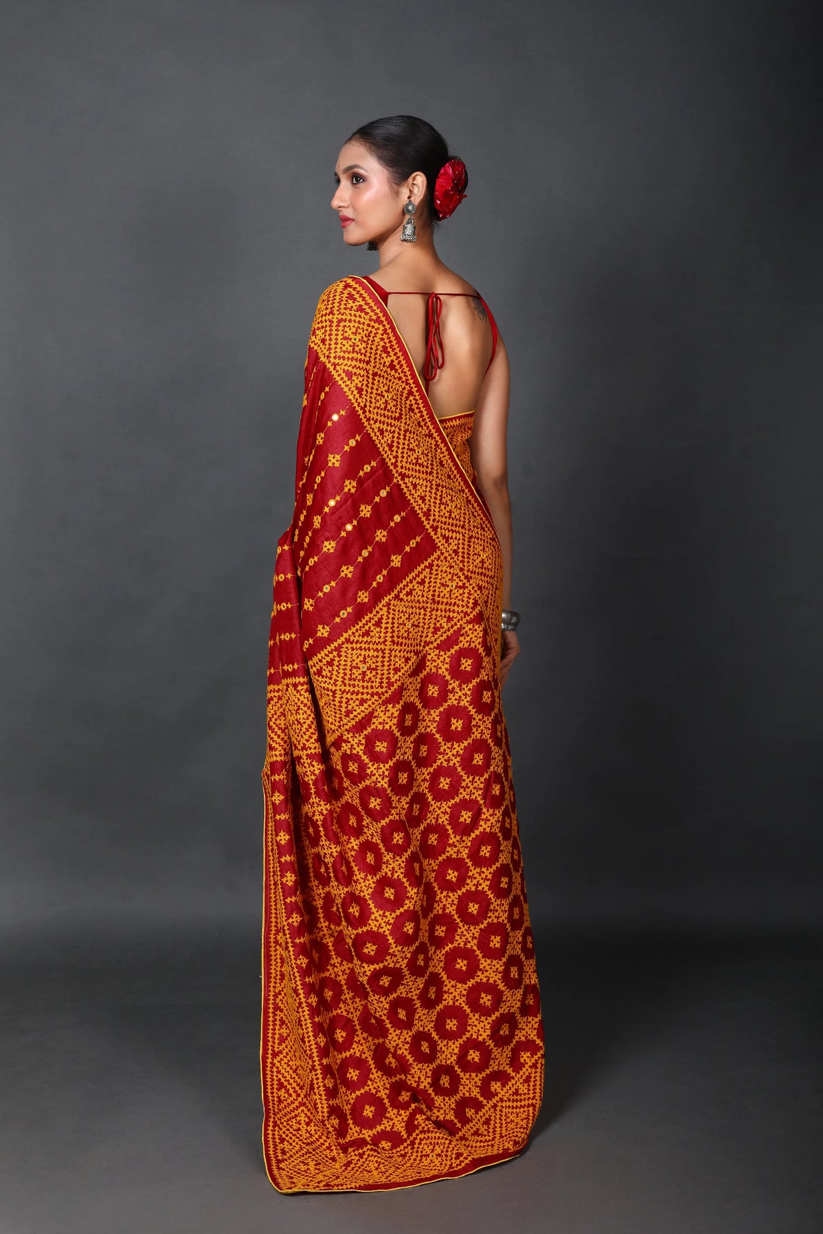 Half Red Half Yellow Tussar Hand Gujarati Saree With Blouse Piece