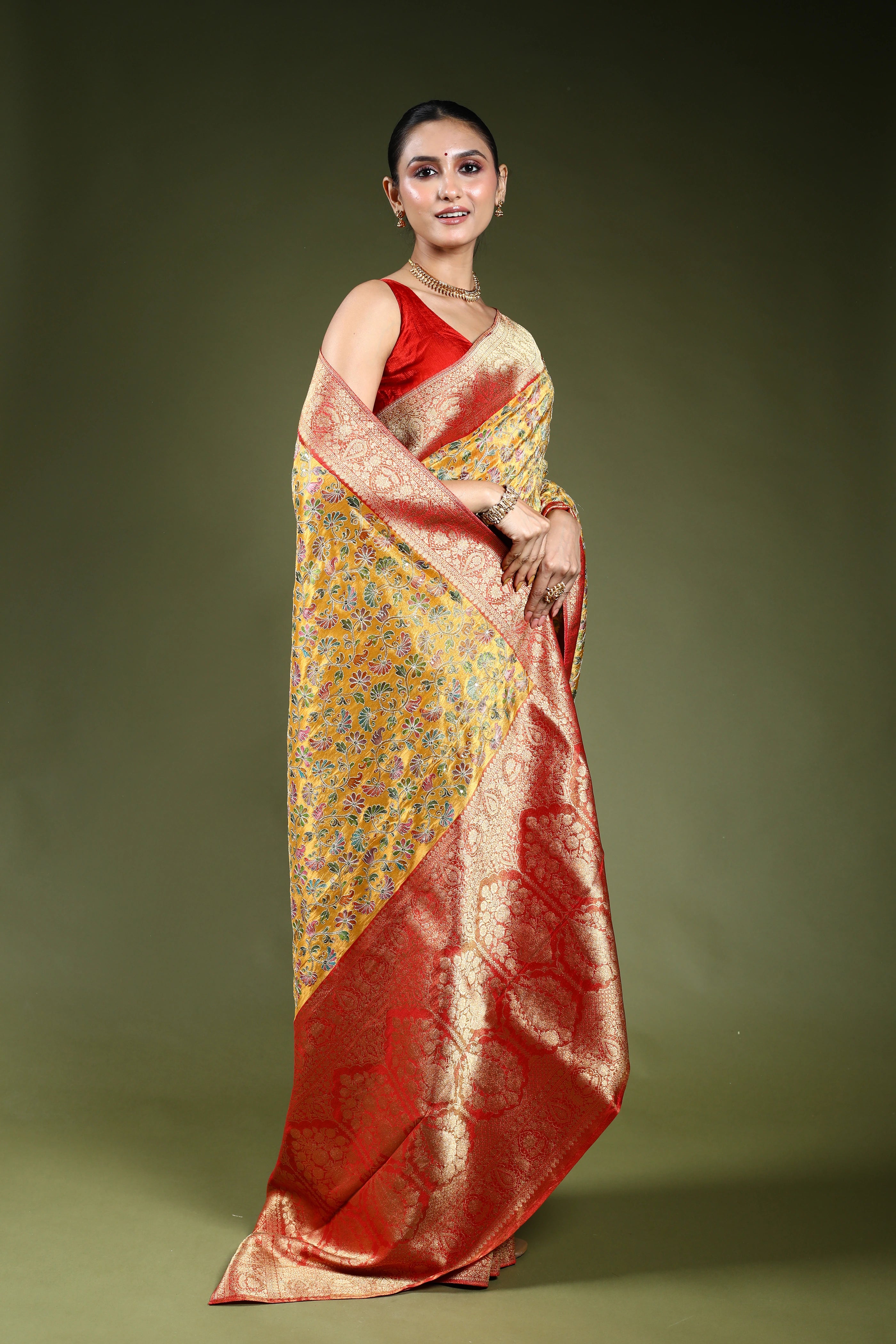 Turmeric Yellow Semi Tissue Kani Aari Work Saree With Blouse Piece