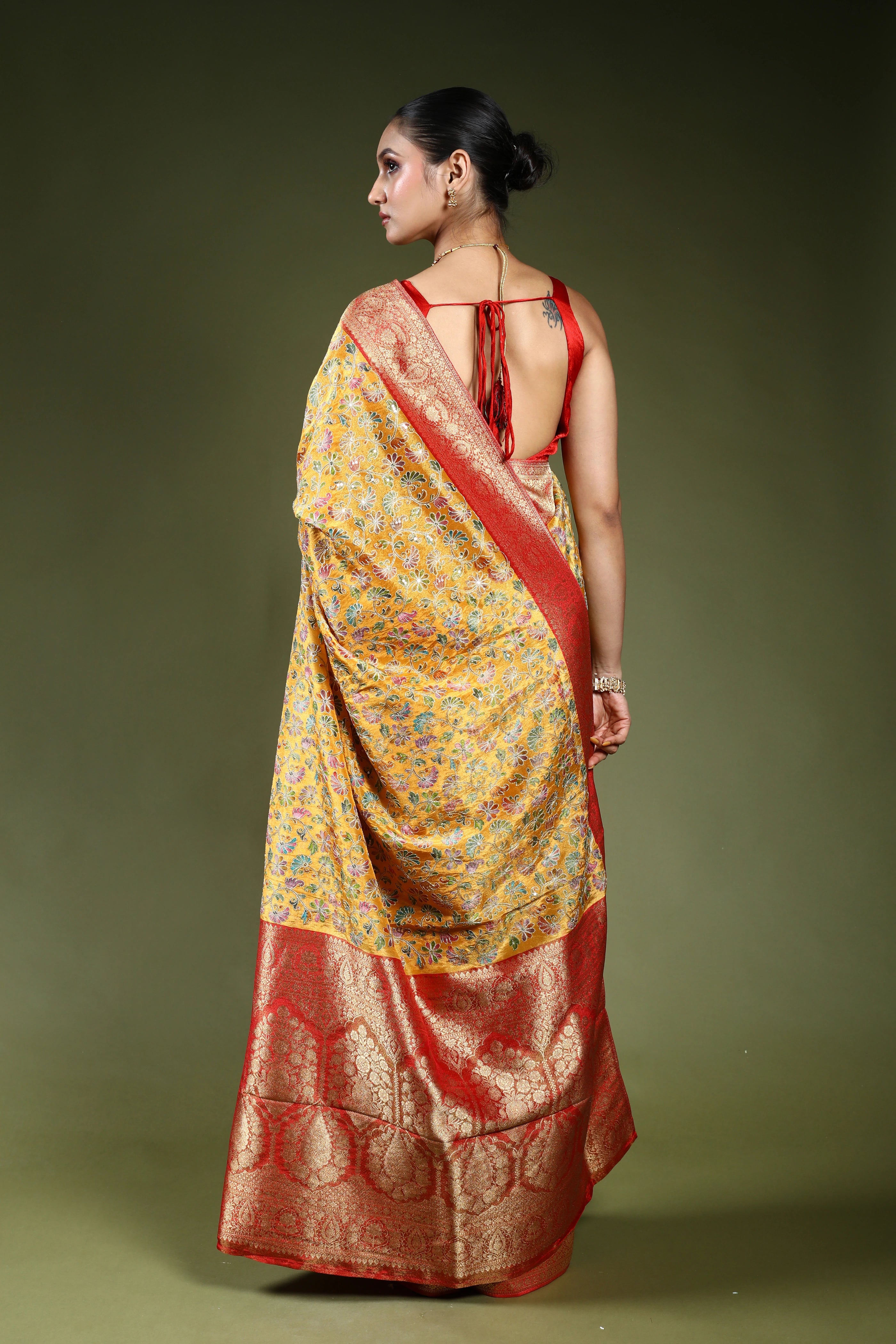 Turmeric Yellow Semi Tissue Kani Aari Work Saree With Blouse Piece