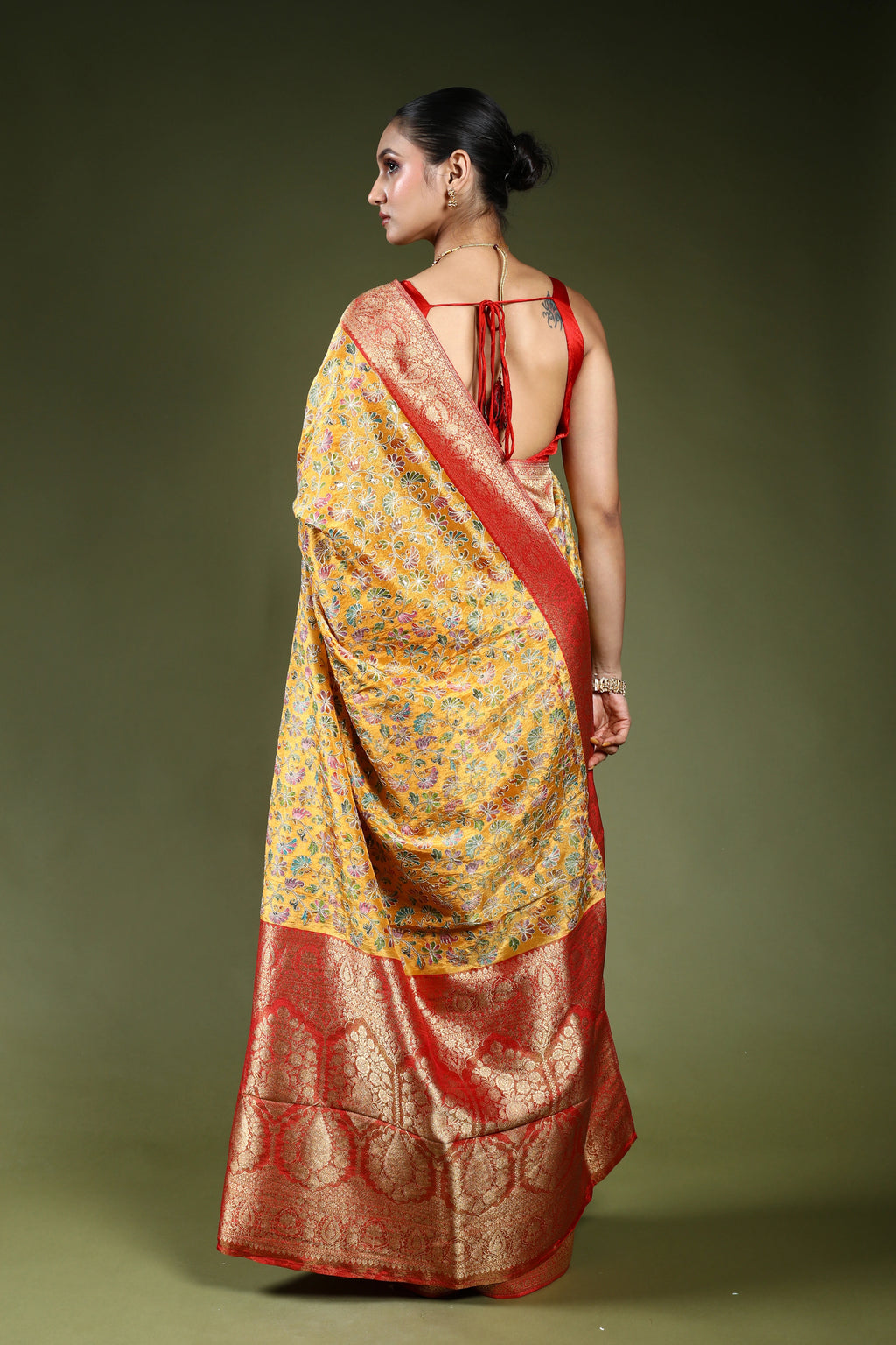 Turmeric Yellow Semi Tissue Kani Aari Work Saree With Blouse Piece