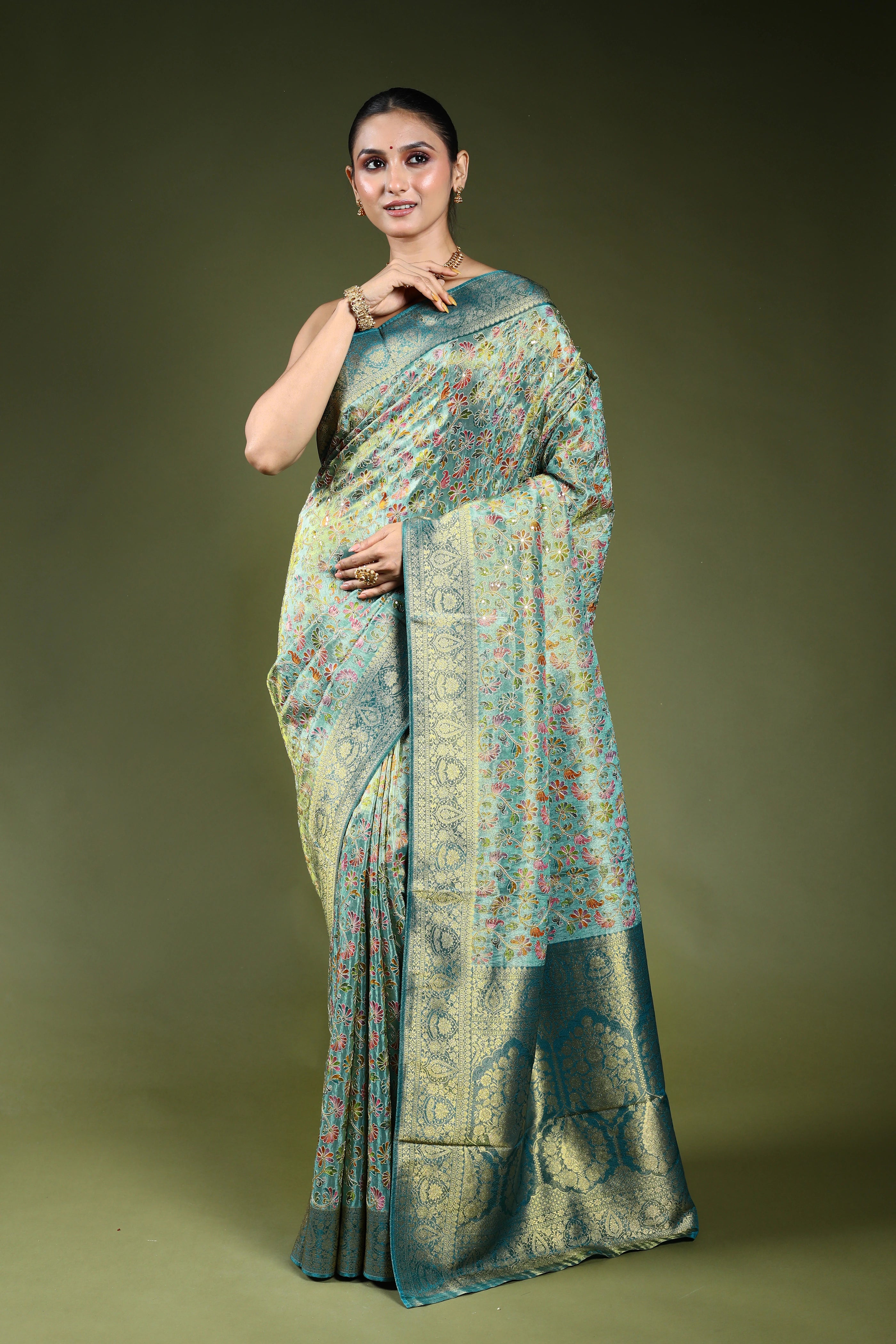 Sea Green Semi Tissue Kani Aari Work Saree With Blouse Piece