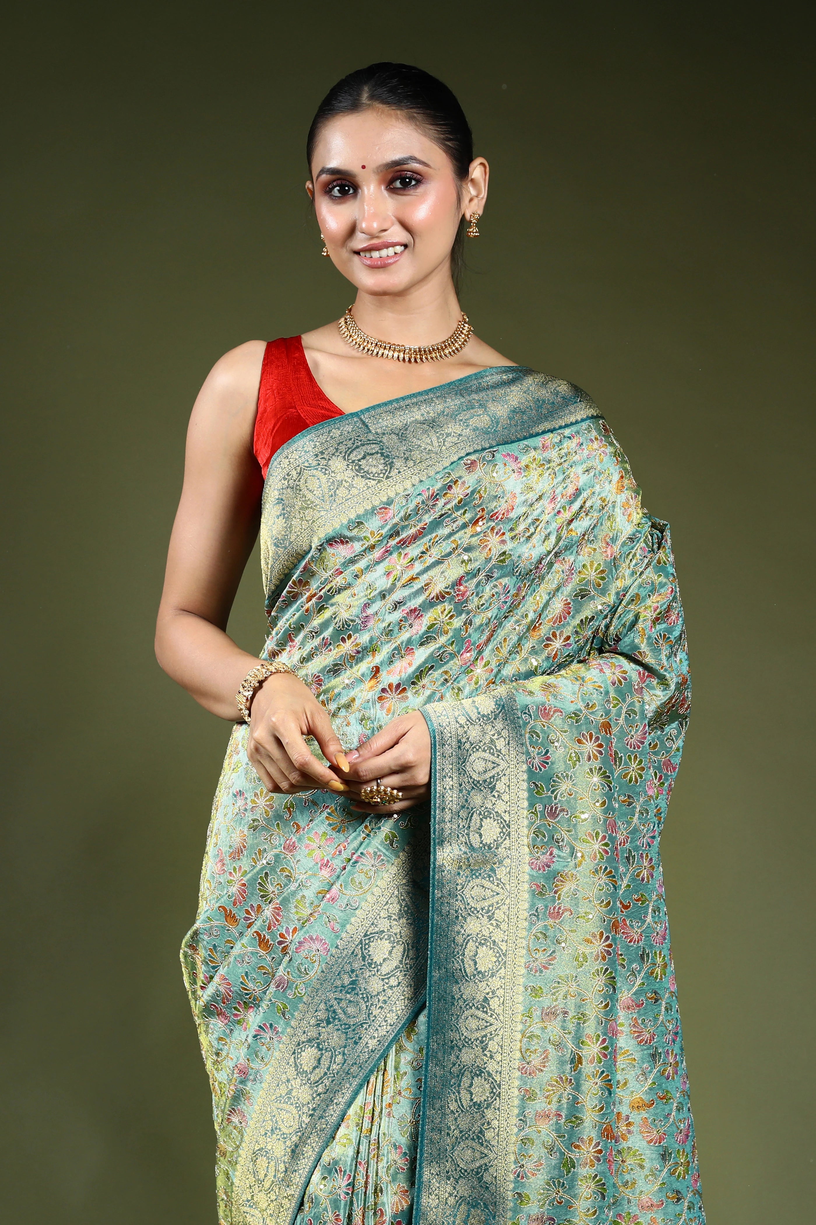 Sea Green Semi Tissue Kani Aari Work Saree With Blouse Piece