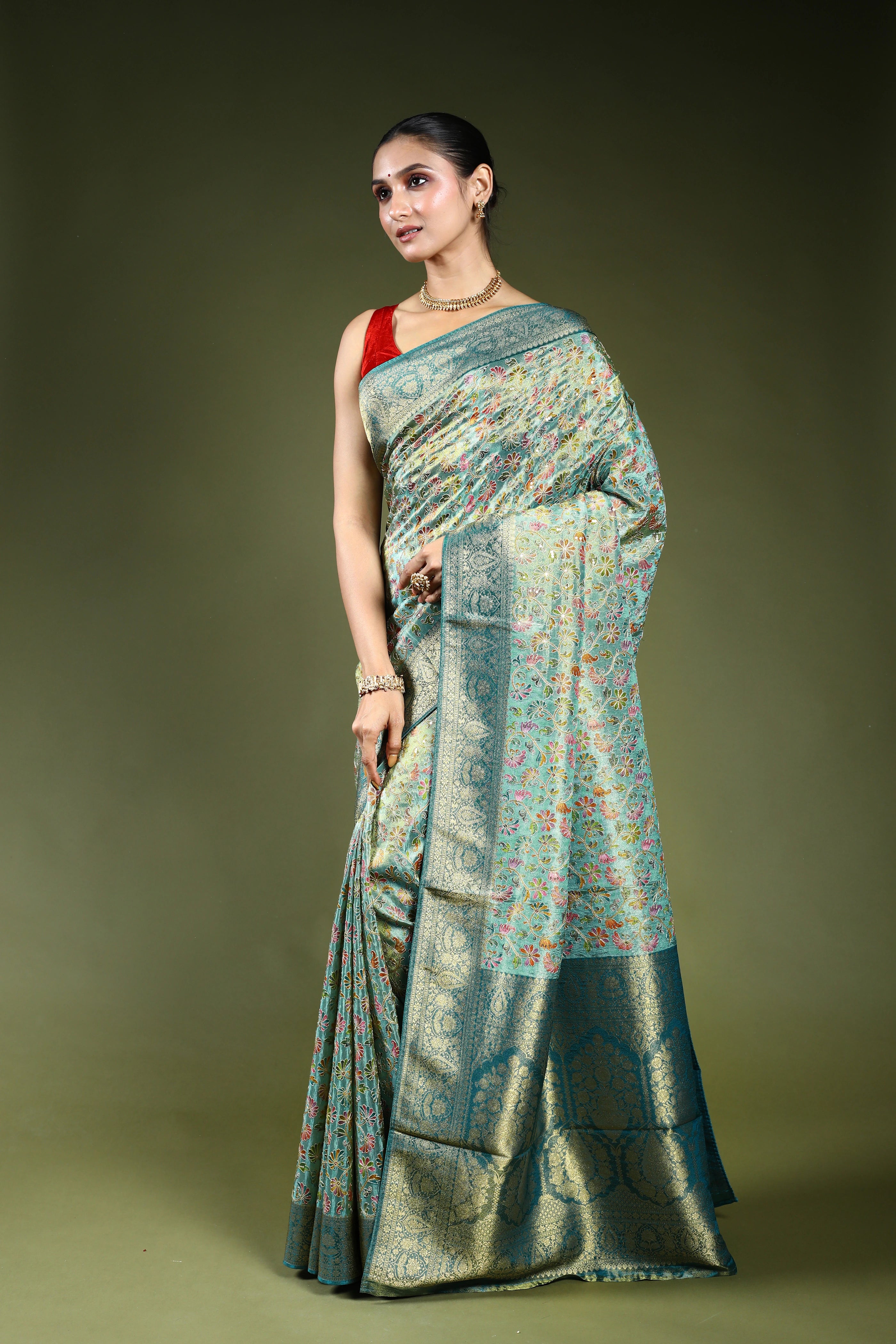 Sea Green Semi Tissue Kani Aari Work Saree With Blouse Piece