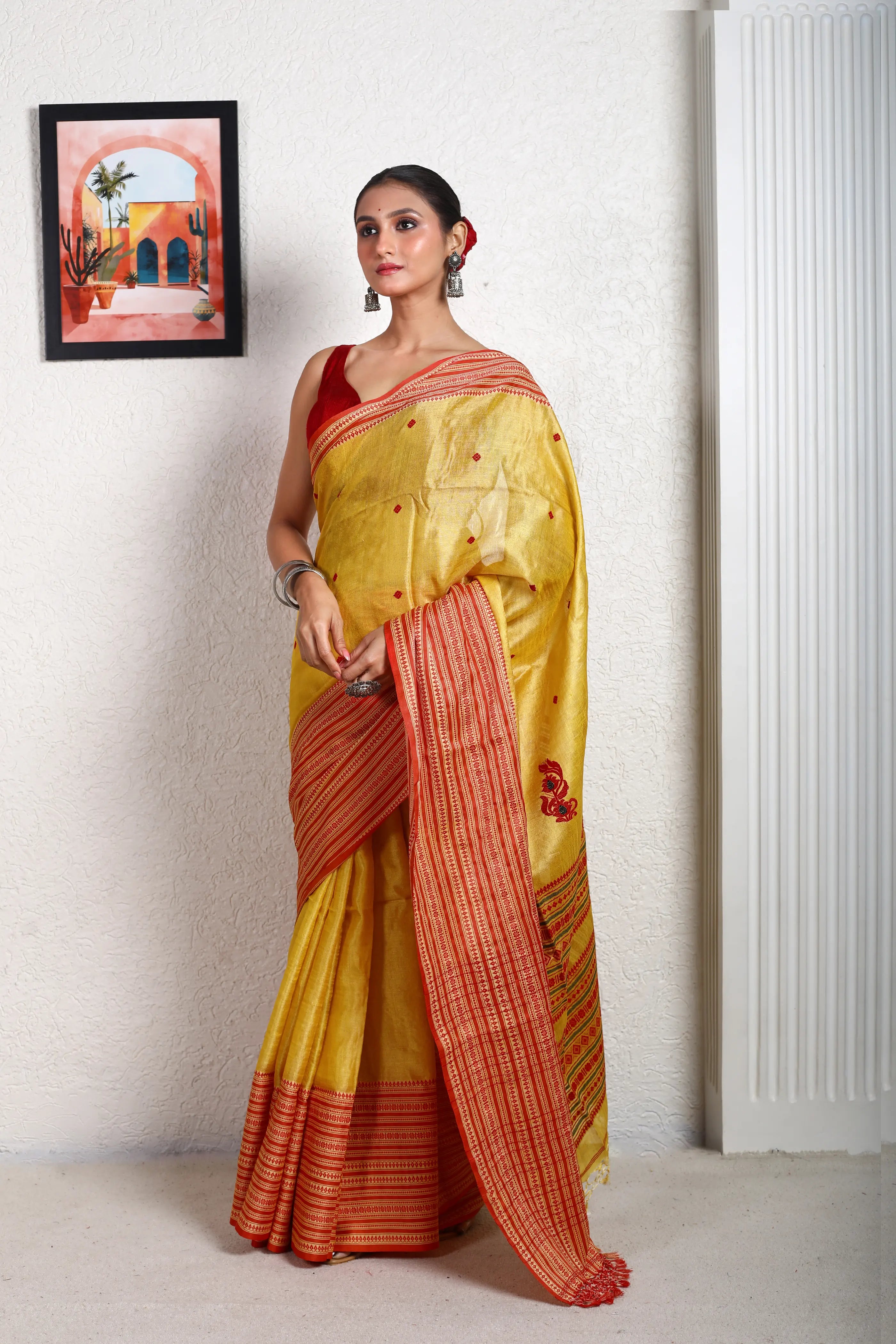 Yellow Red Tussar Saree With Blouse Piece