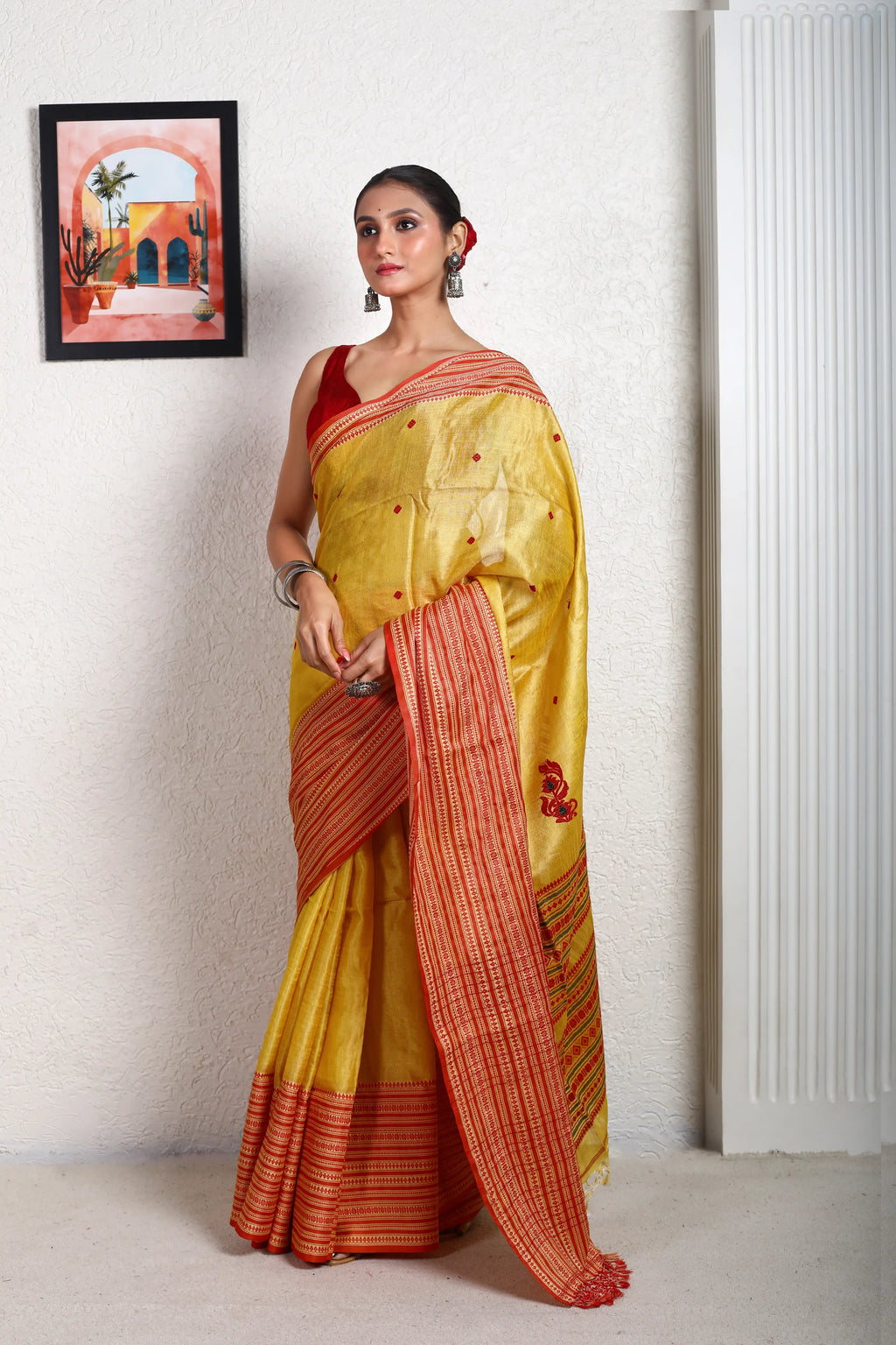 Yellow Red Tussar Saree With Blouse Piece