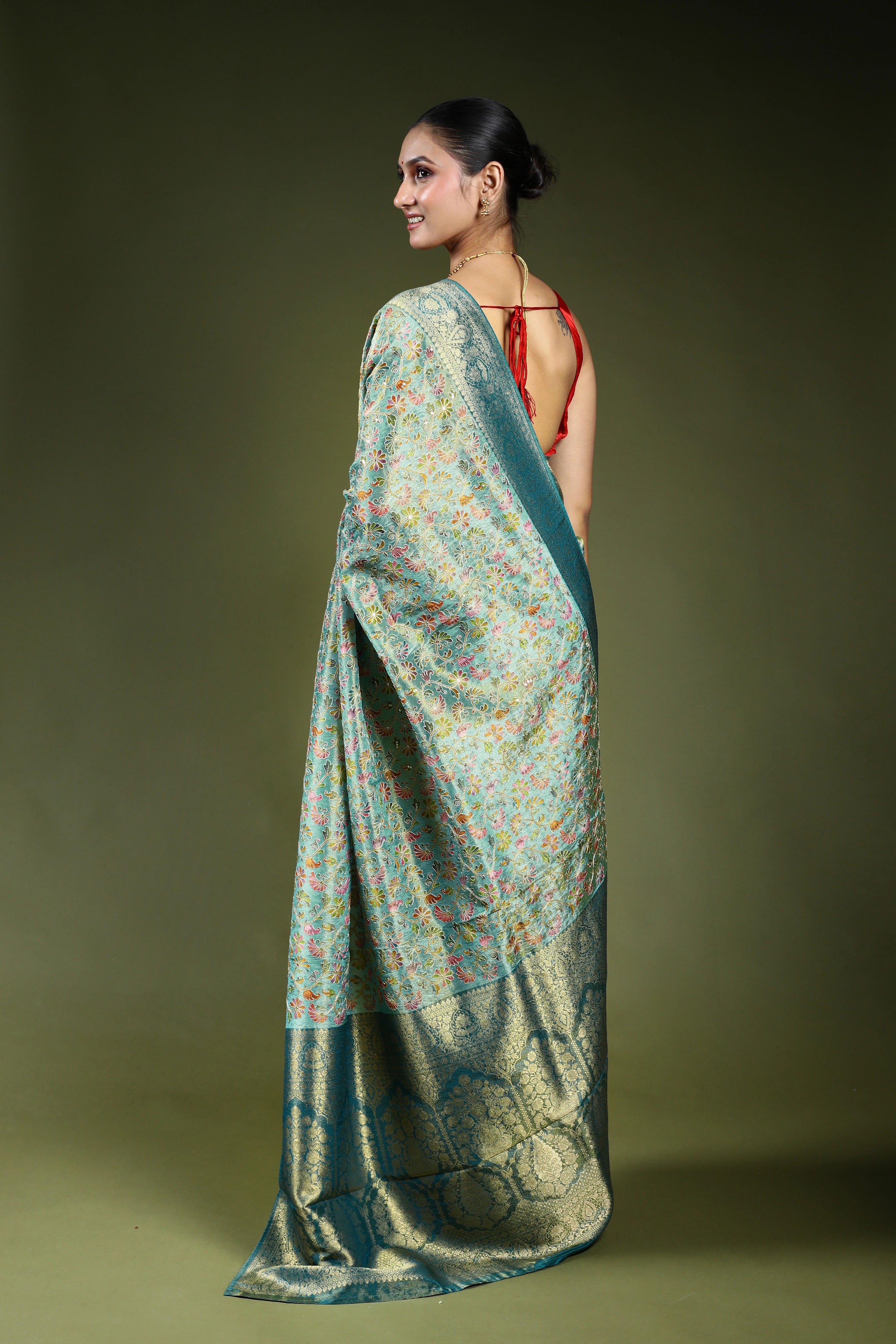 Sea Green Semi Tissue Kani Aari Work Saree With Blouse Piece