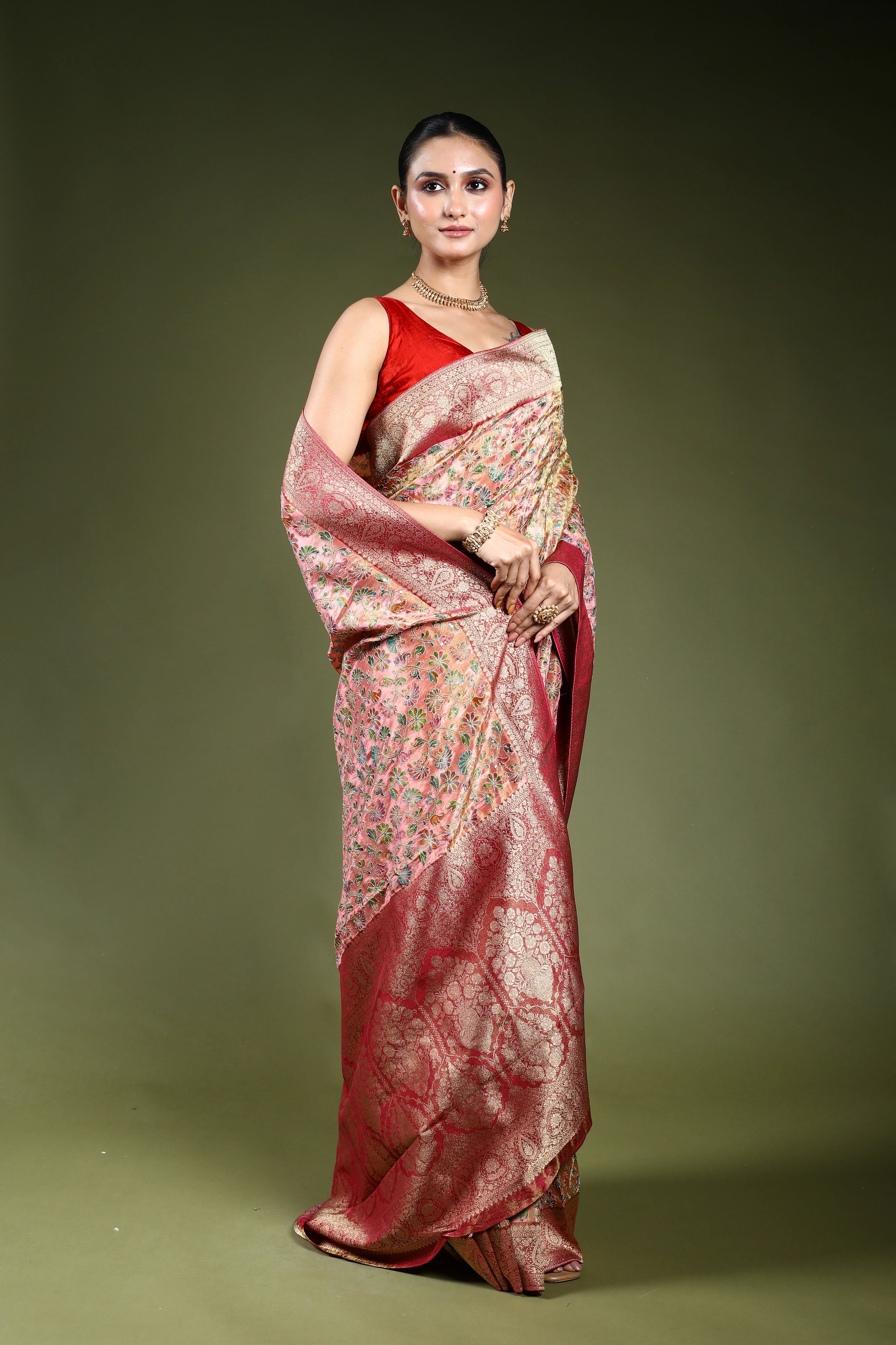 Light Pink Semi Tissue Kani Aari Work Saree With Blouse Piece