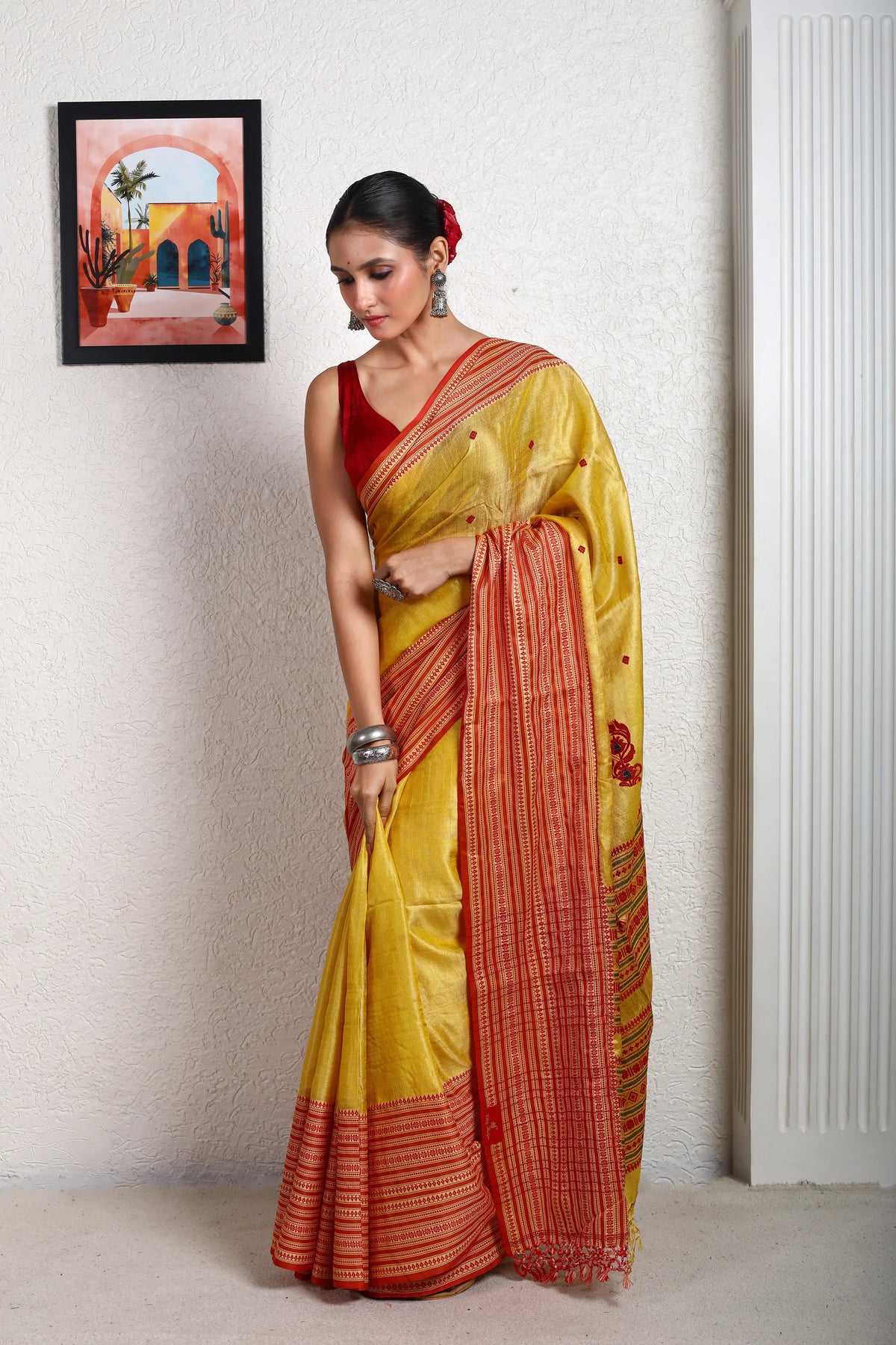 Yellow Red Tussar Saree With Blouse Piece