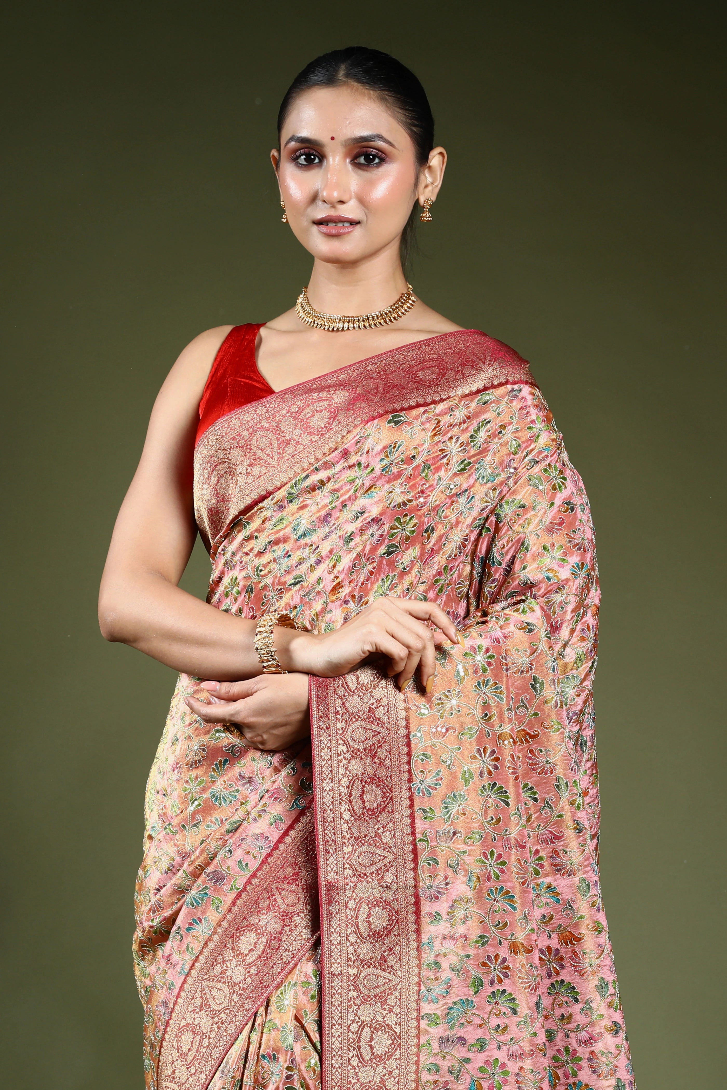 Light Pink Semi Tissue Kani Aari Work Saree With Blouse Piece