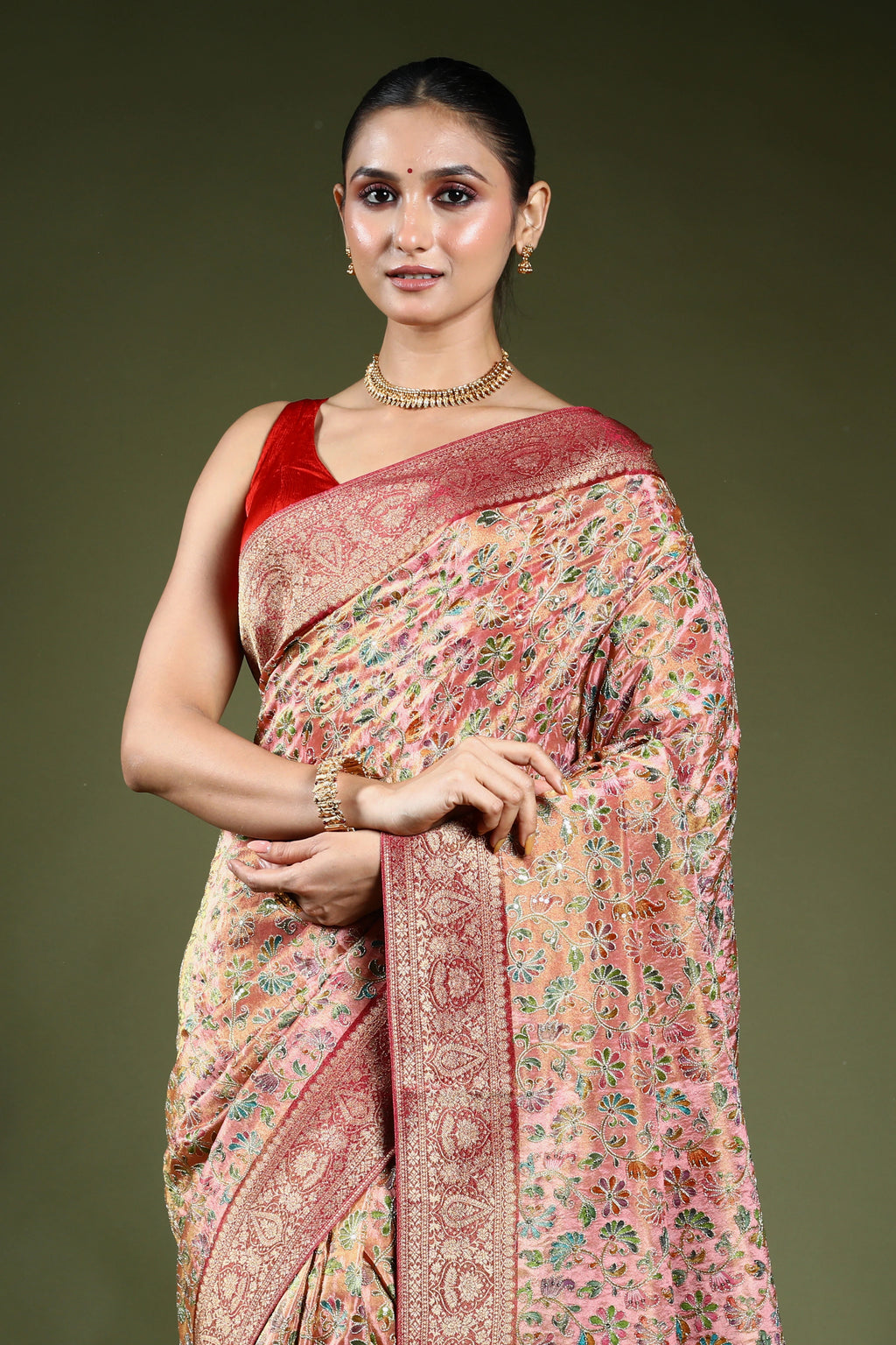 Light Pink Semi Tissue Kani Aari Work Saree With Blouse Piece