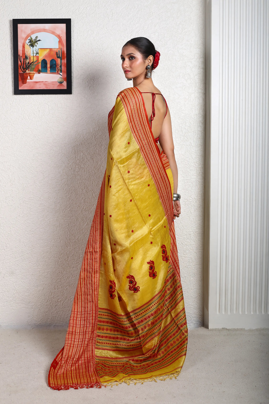 Yellow Red Tussar Saree With Blouse Piece