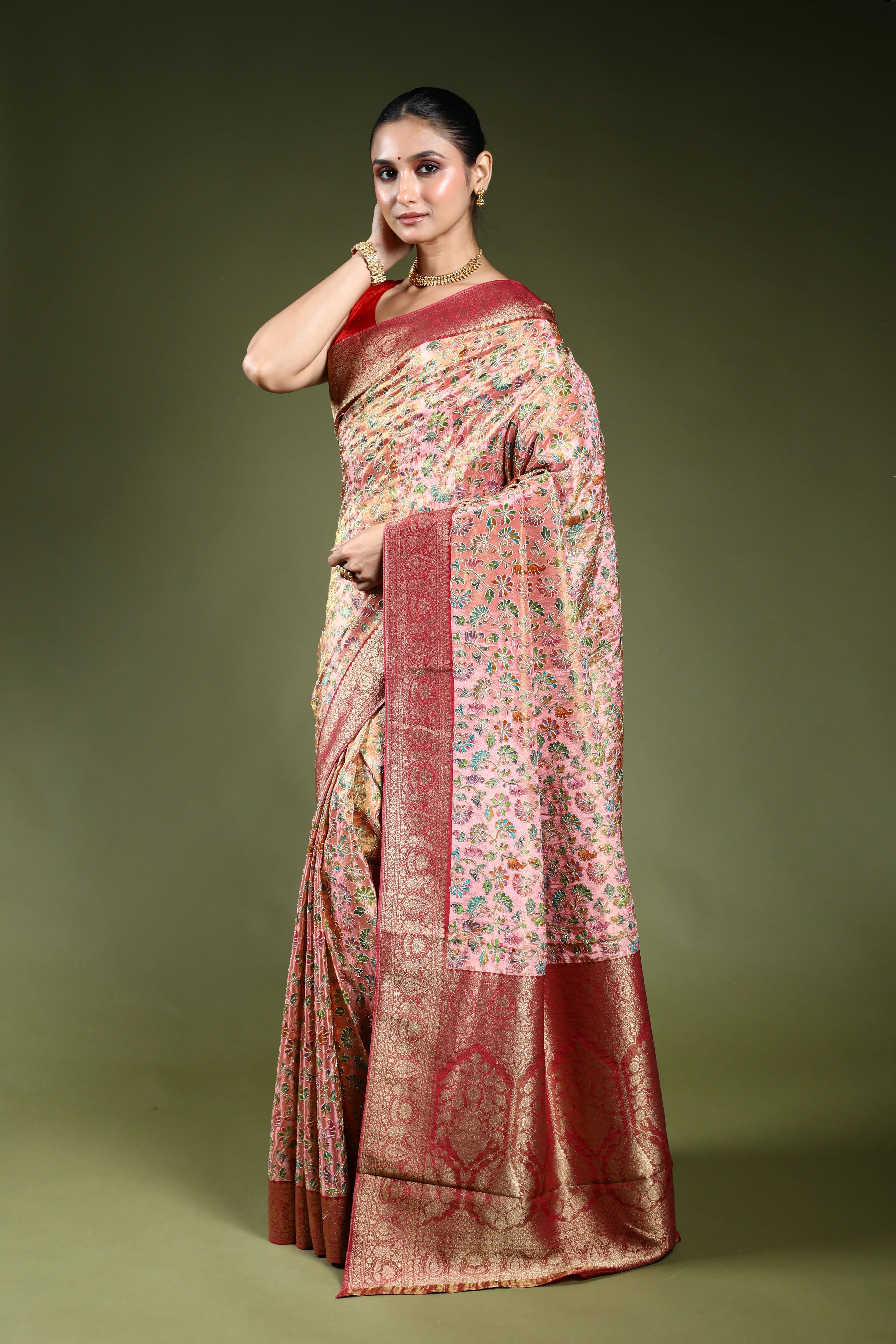 Light Pink Semi Tissue Kani Aari Work Saree With Blouse Piece