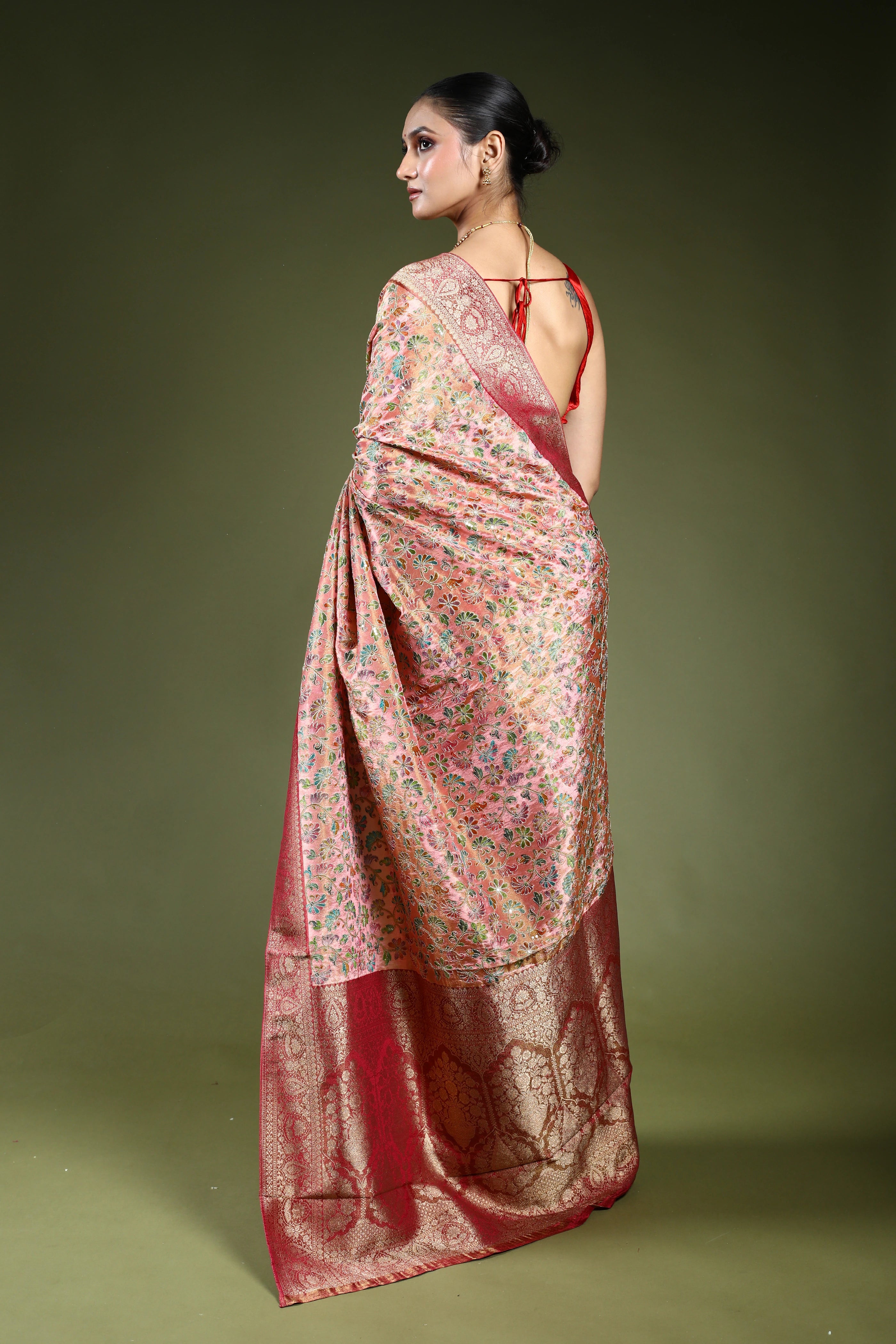 Light Pink Semi Tissue Kani Aari Work Saree With Blouse Piece