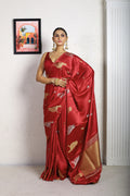 Red Blended Mashru Banarasi Saree With Blouse Piece