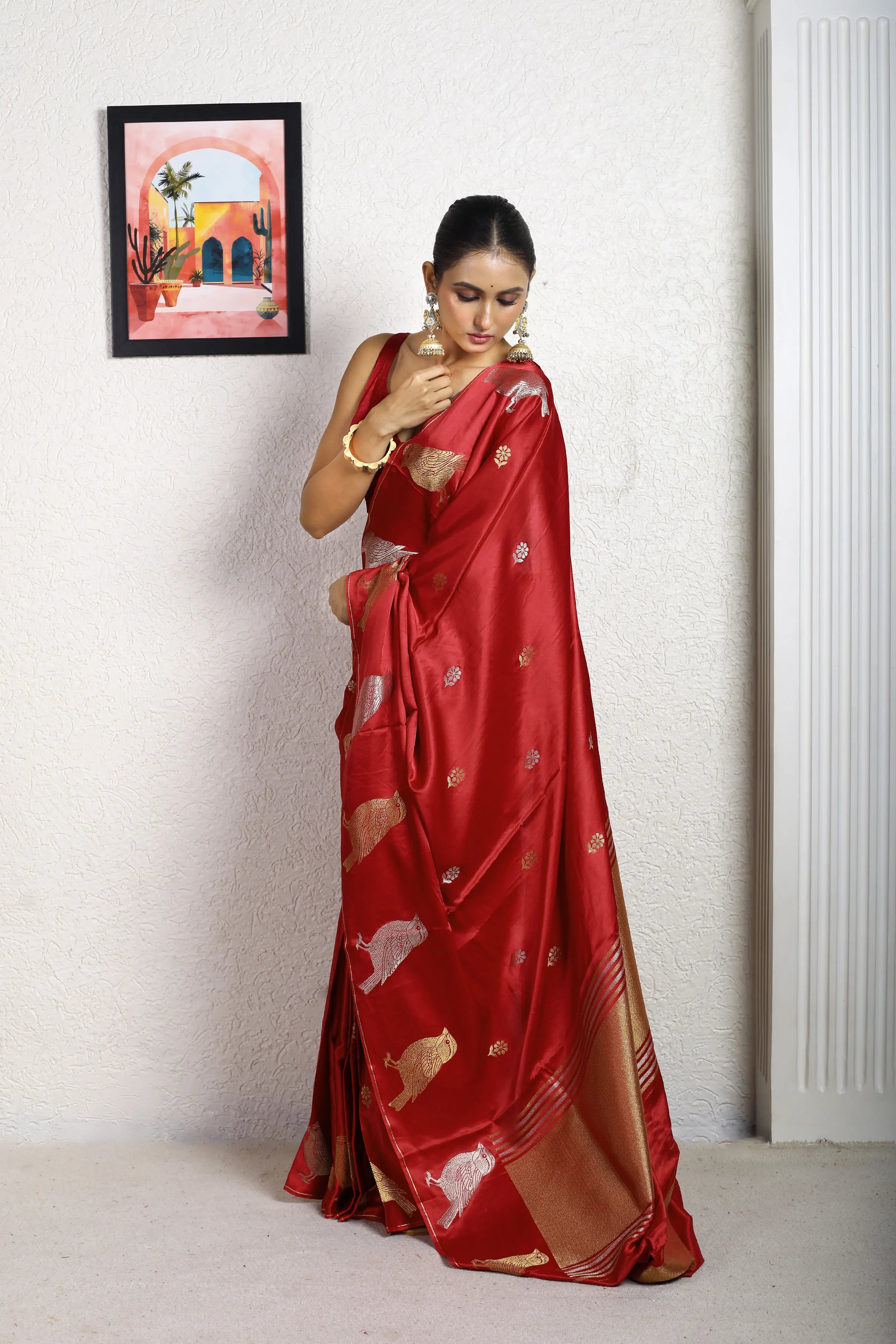 Red Blended Mashru Banarasi Saree With Blouse Piece