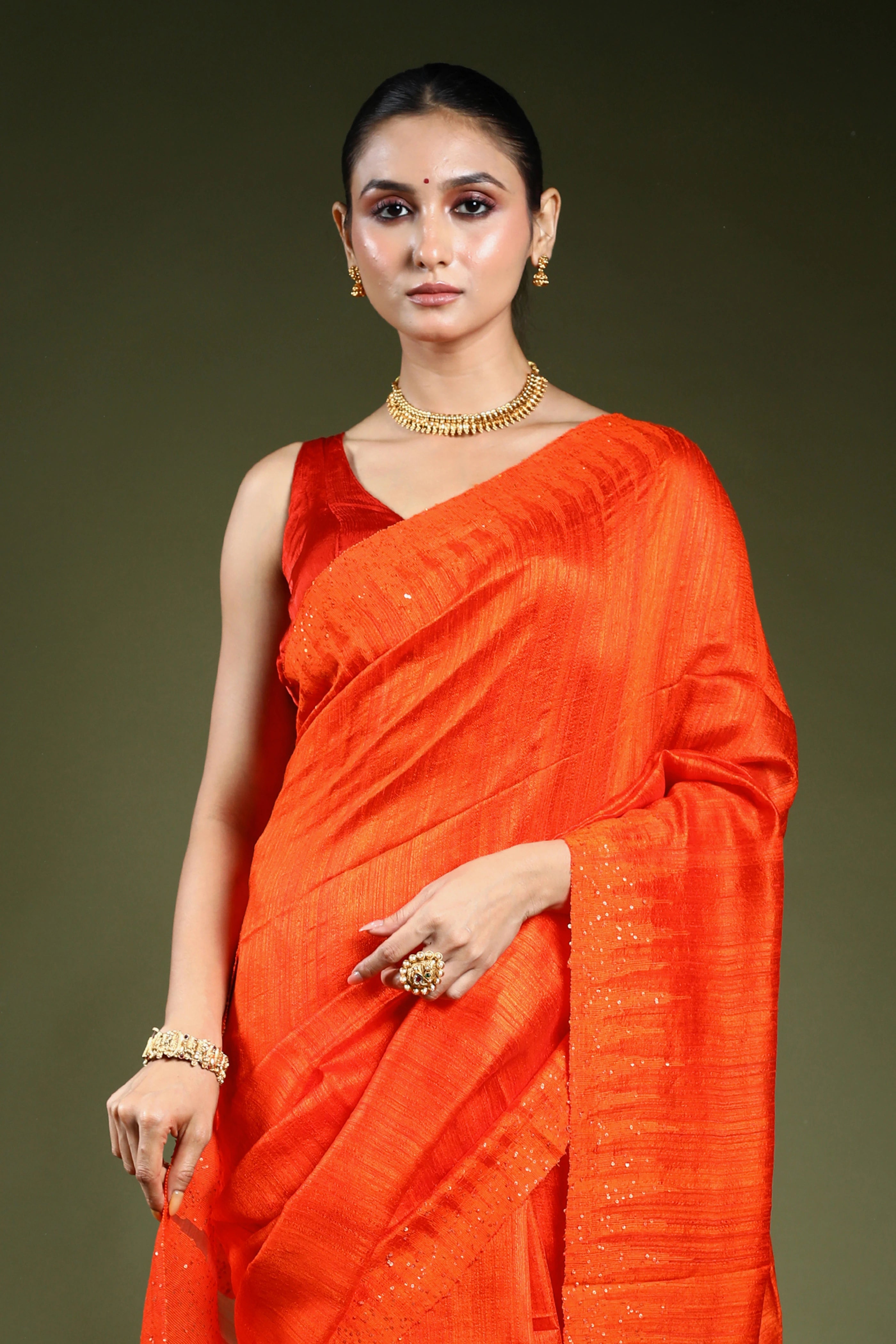 Rust Orange Matka Muslin Saree With Blouse Piece