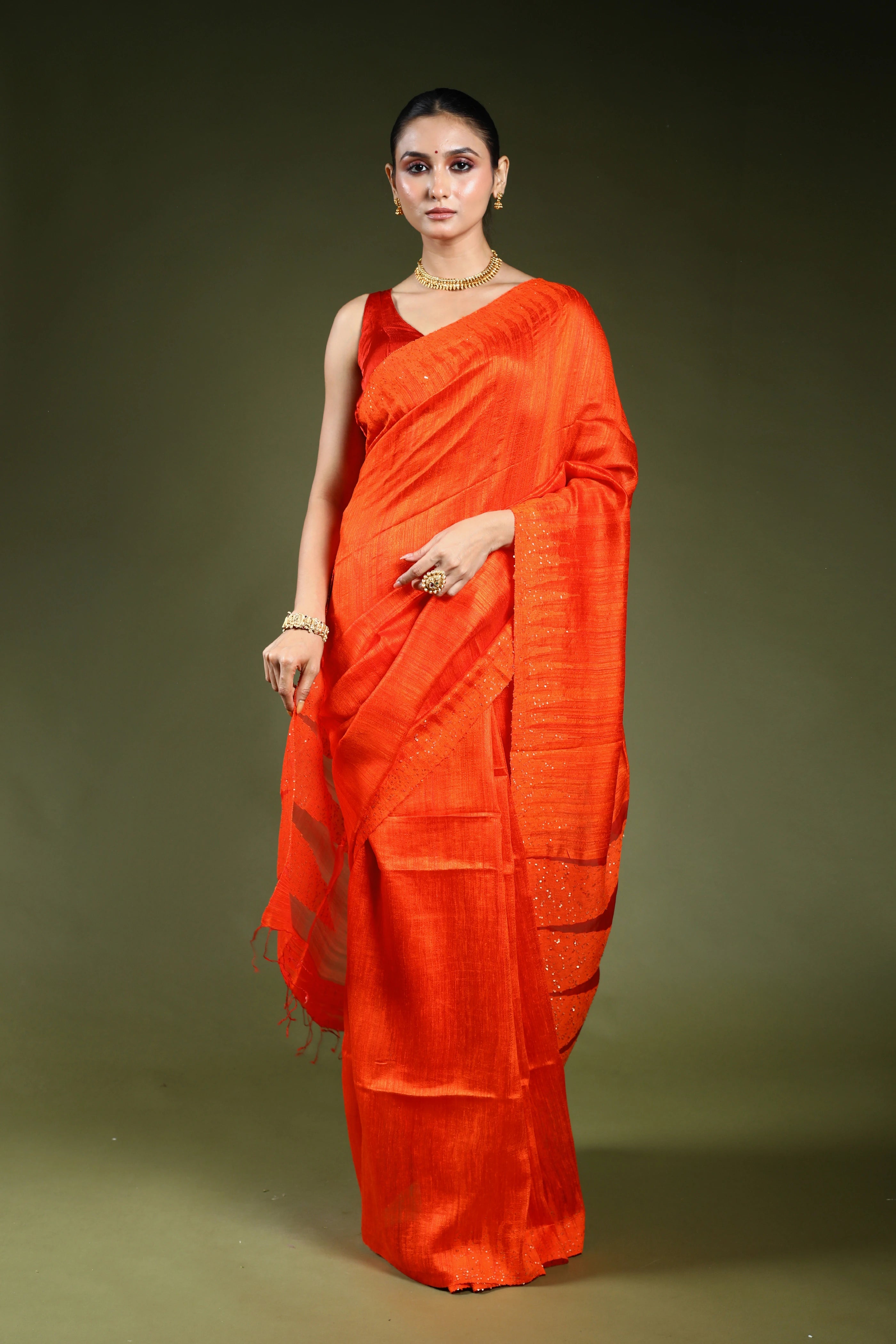 Rust Orange Matka Muslin Saree With Blouse Piece