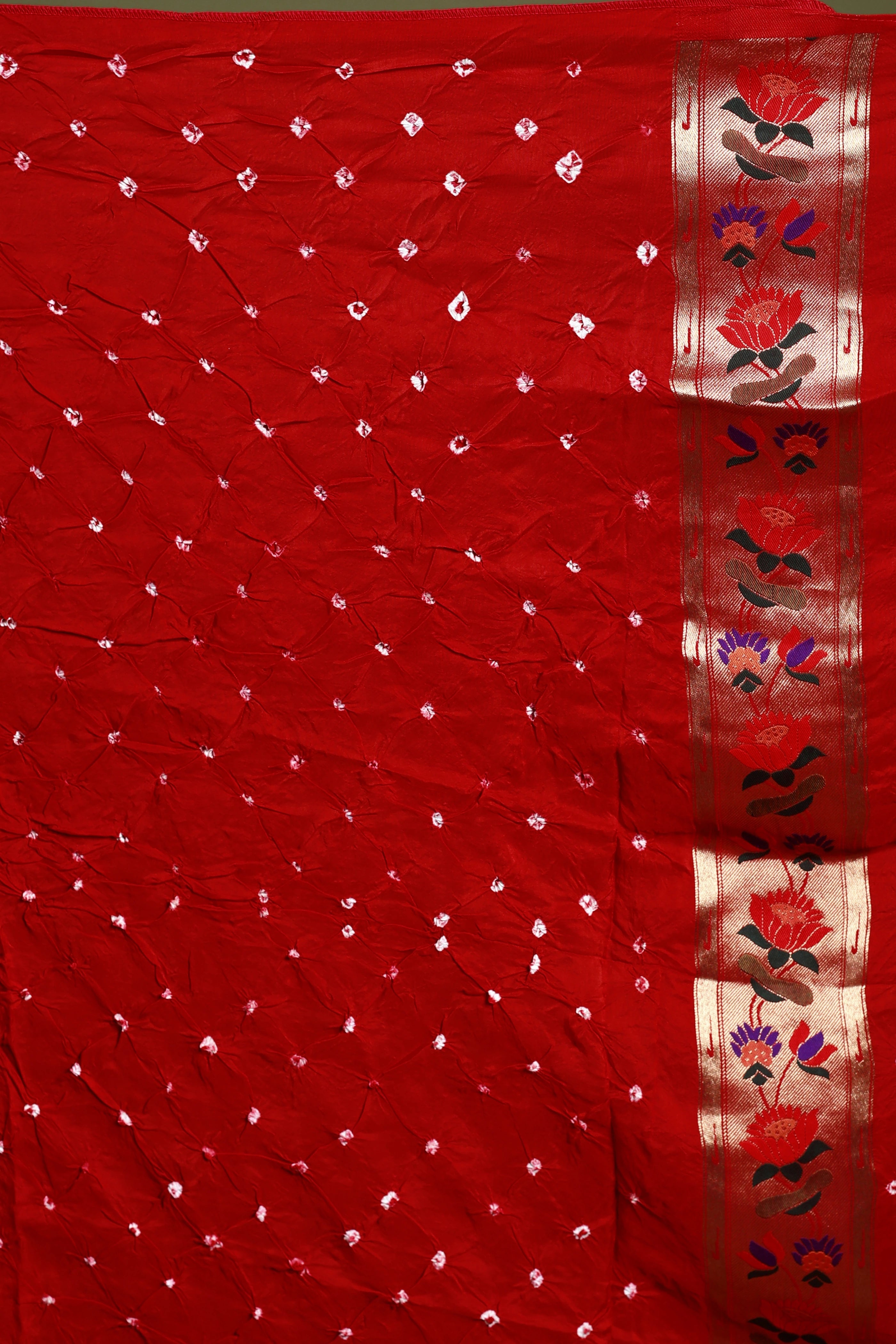 Red Semi Bandhej Paithani Saree With Blouse Piece