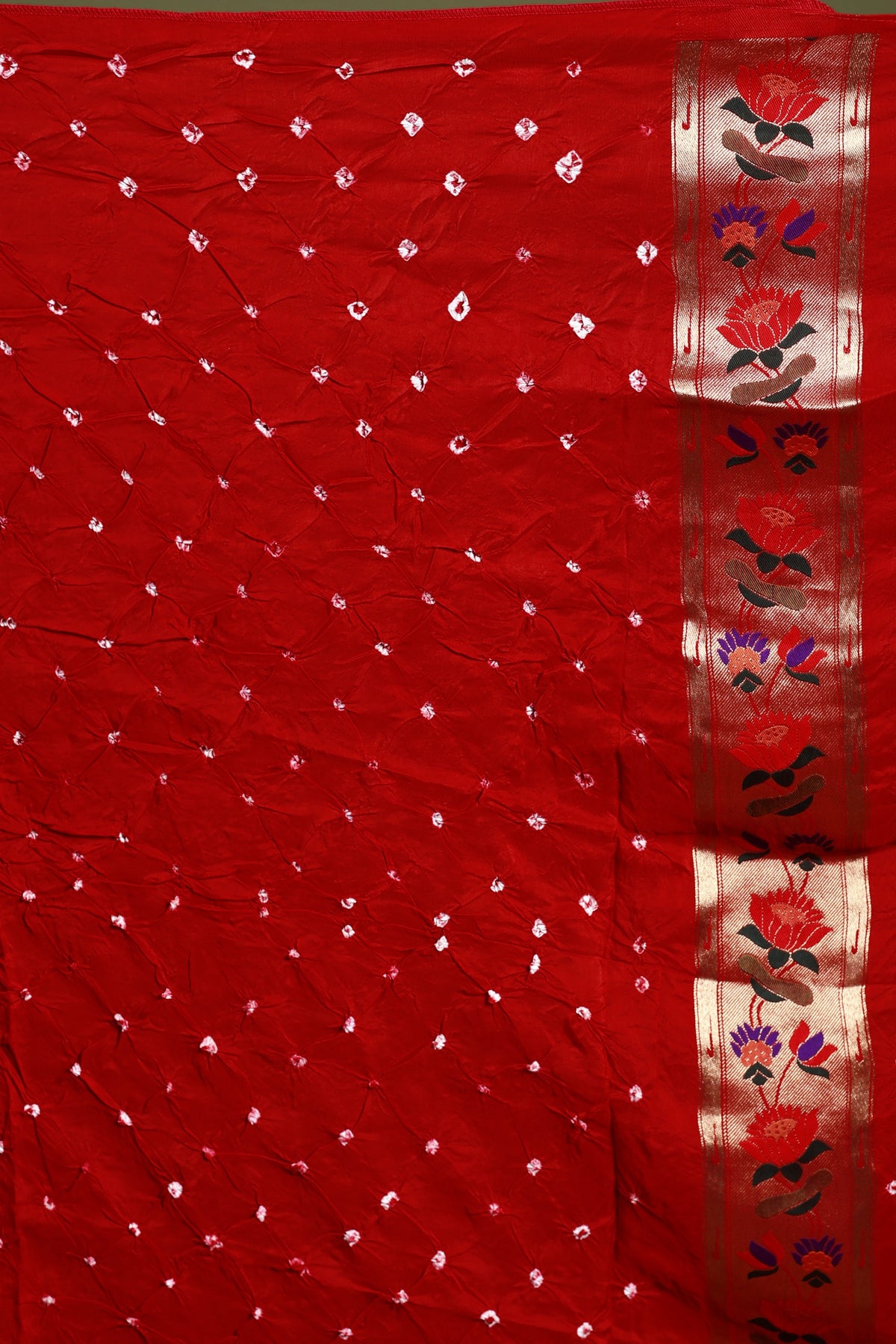 Red Semi Bandhej Paithani Saree With Blouse Piece