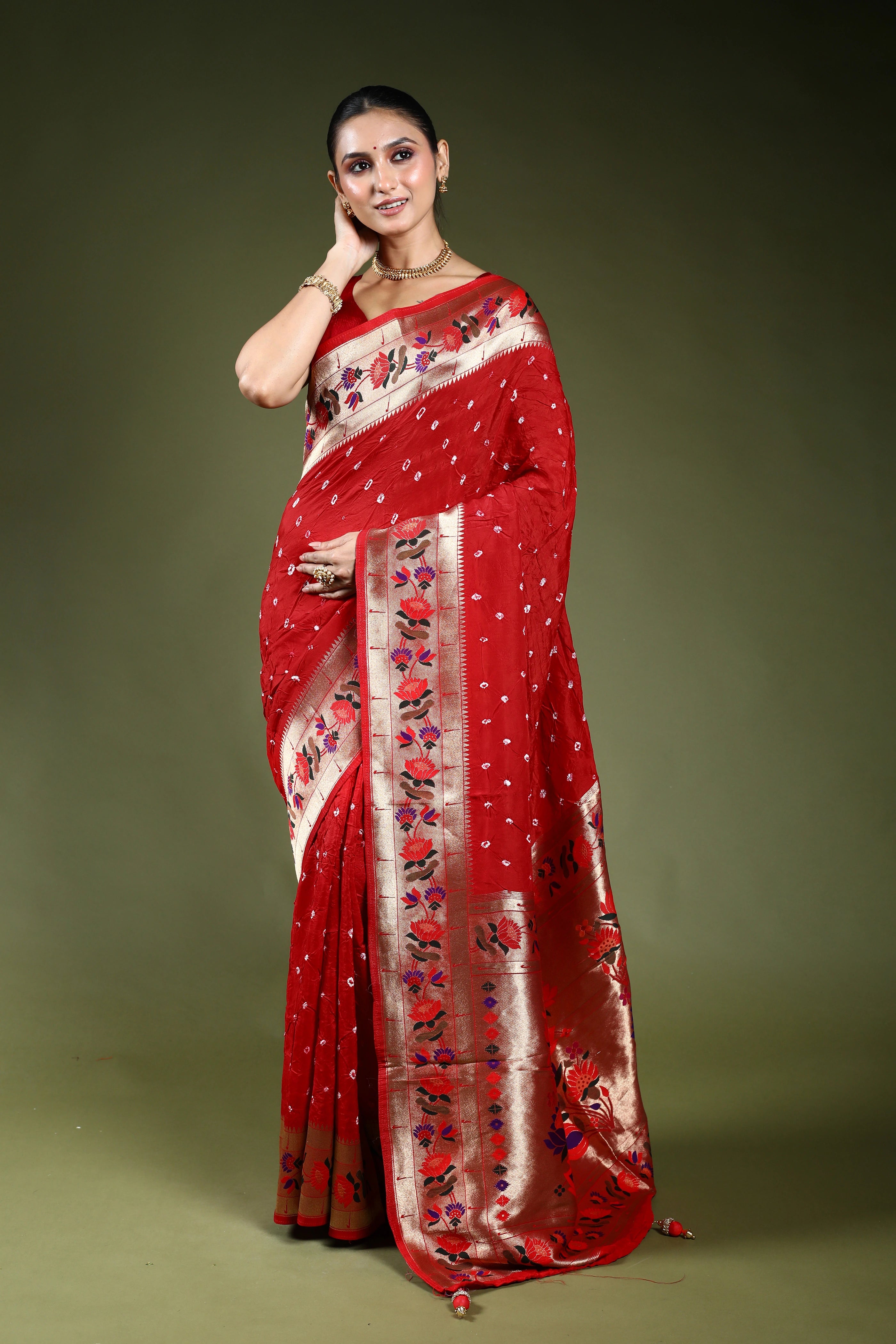 Red Semi Bandhej Paithani Saree With Blouse Piece