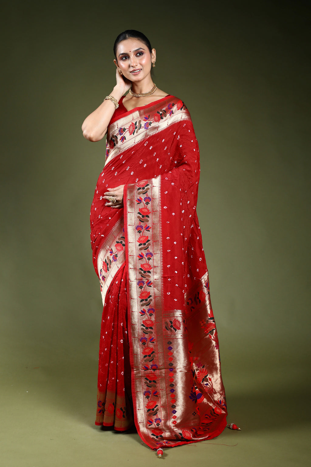 Red Semi Bandhej Paithani Saree With Blouse Piece