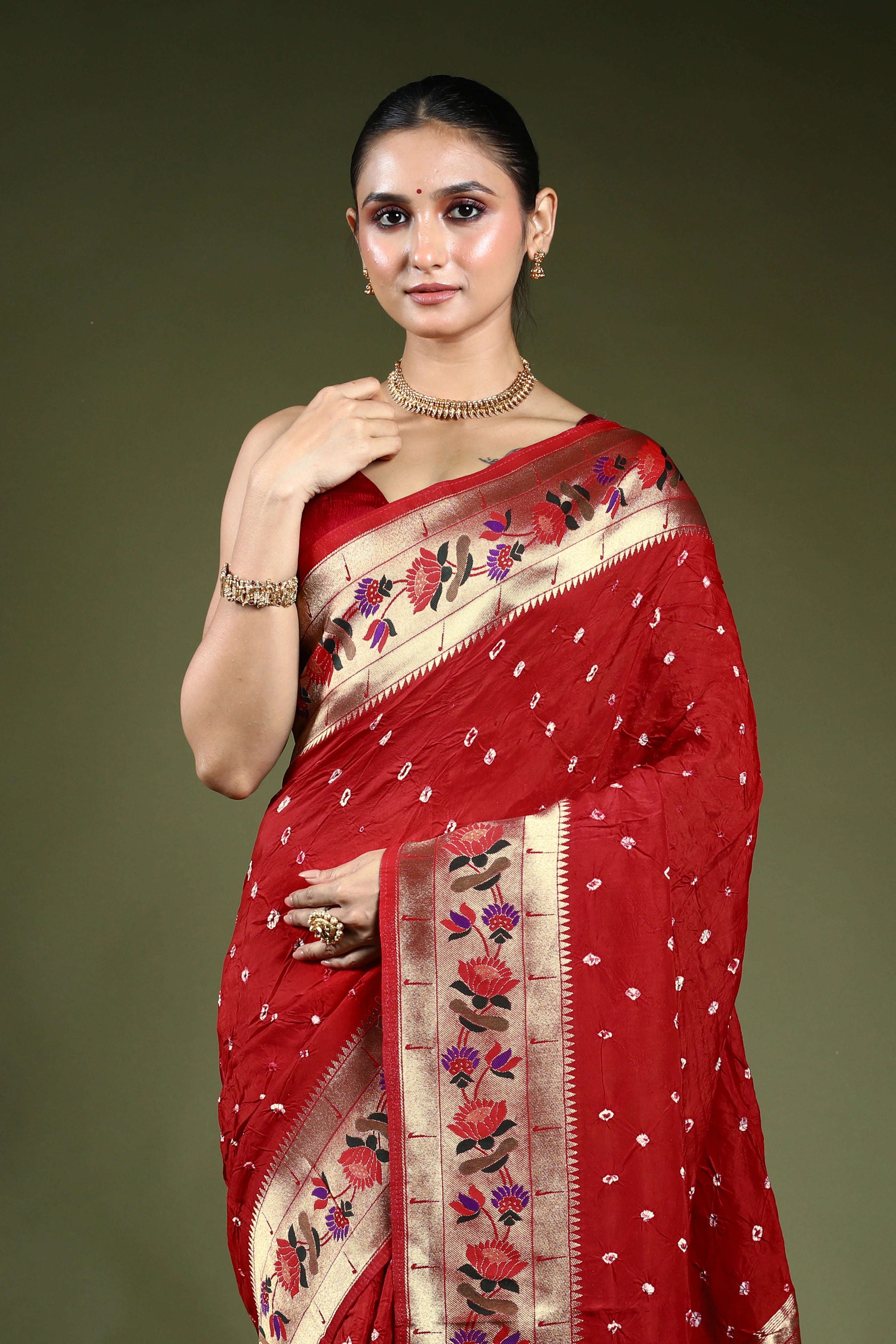 Red Semi Bandhej Paithani Saree With Blouse Piece