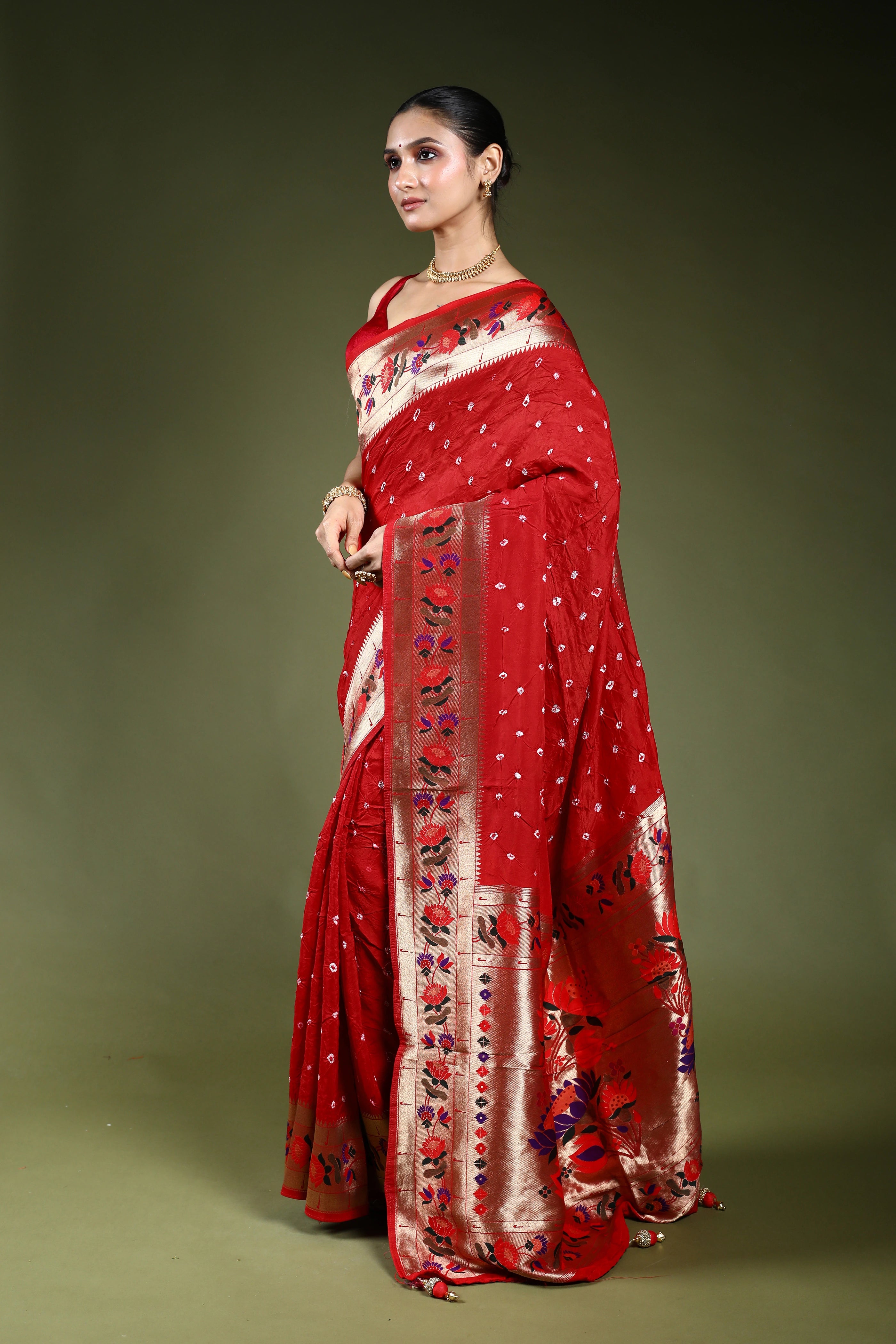 Red Semi Bandhej Paithani Saree With Blouse Piece