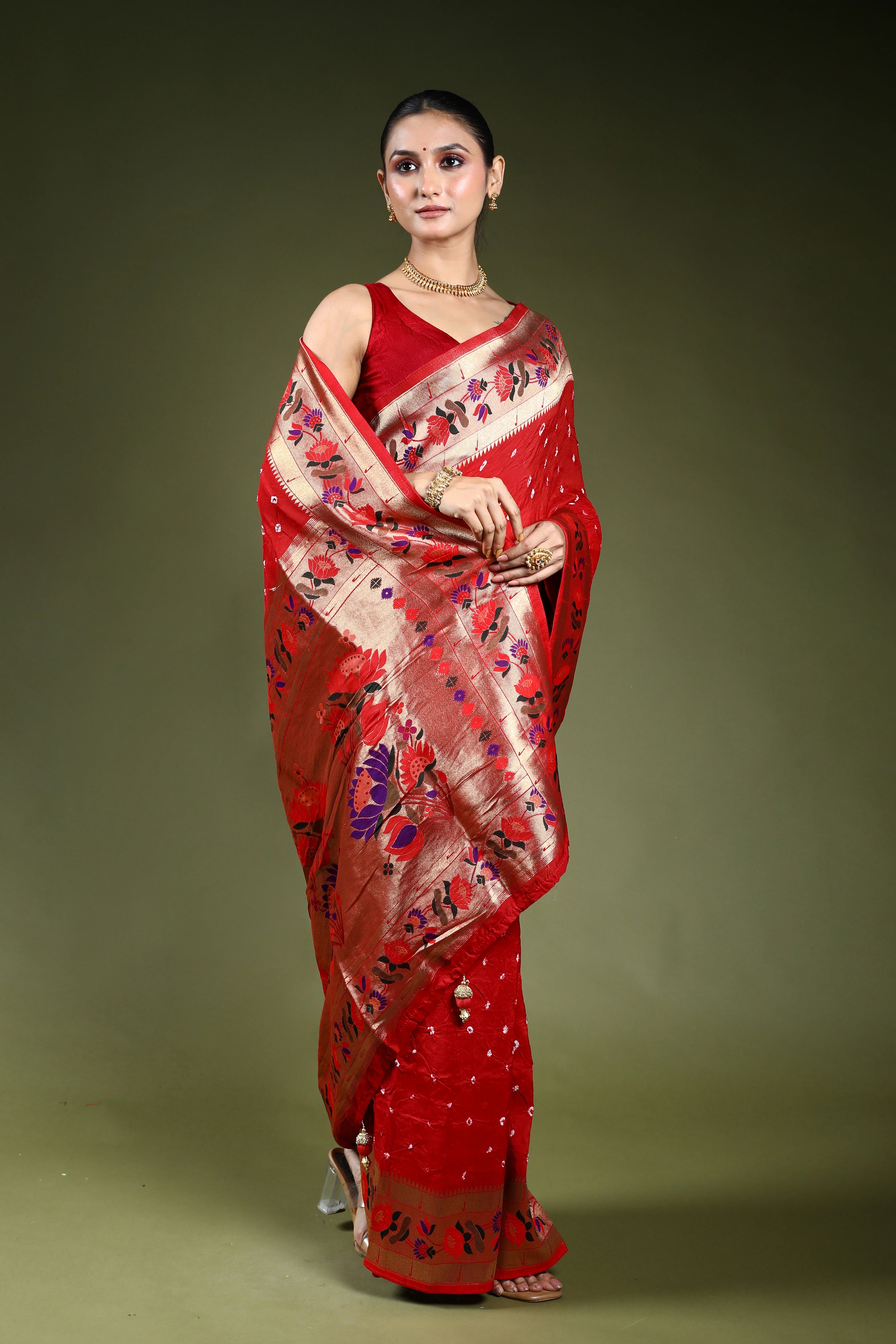 Red Semi Bandhej Paithani Saree With Blouse Piece