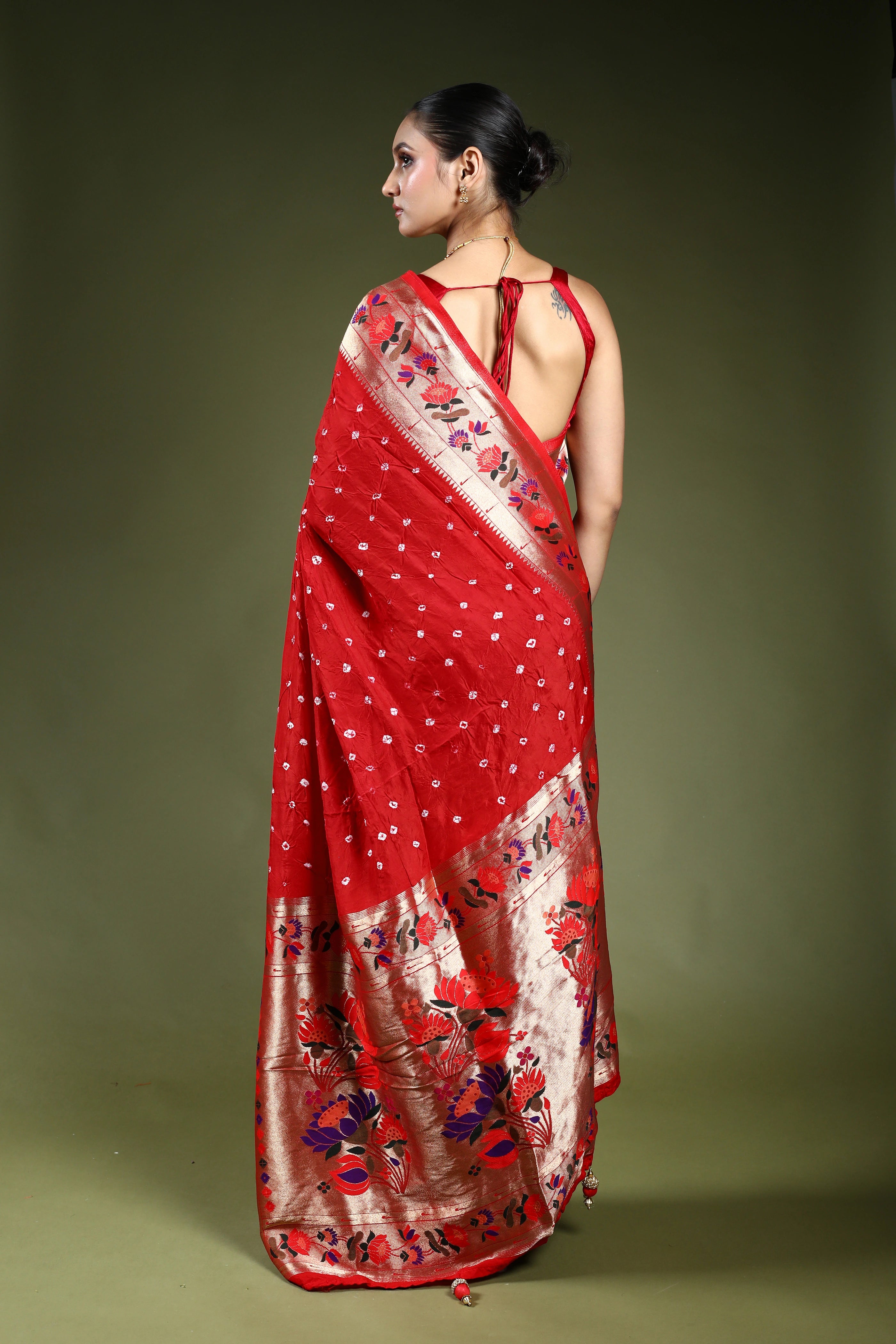 Red Semi Bandhej Paithani Saree With Blouse Piece