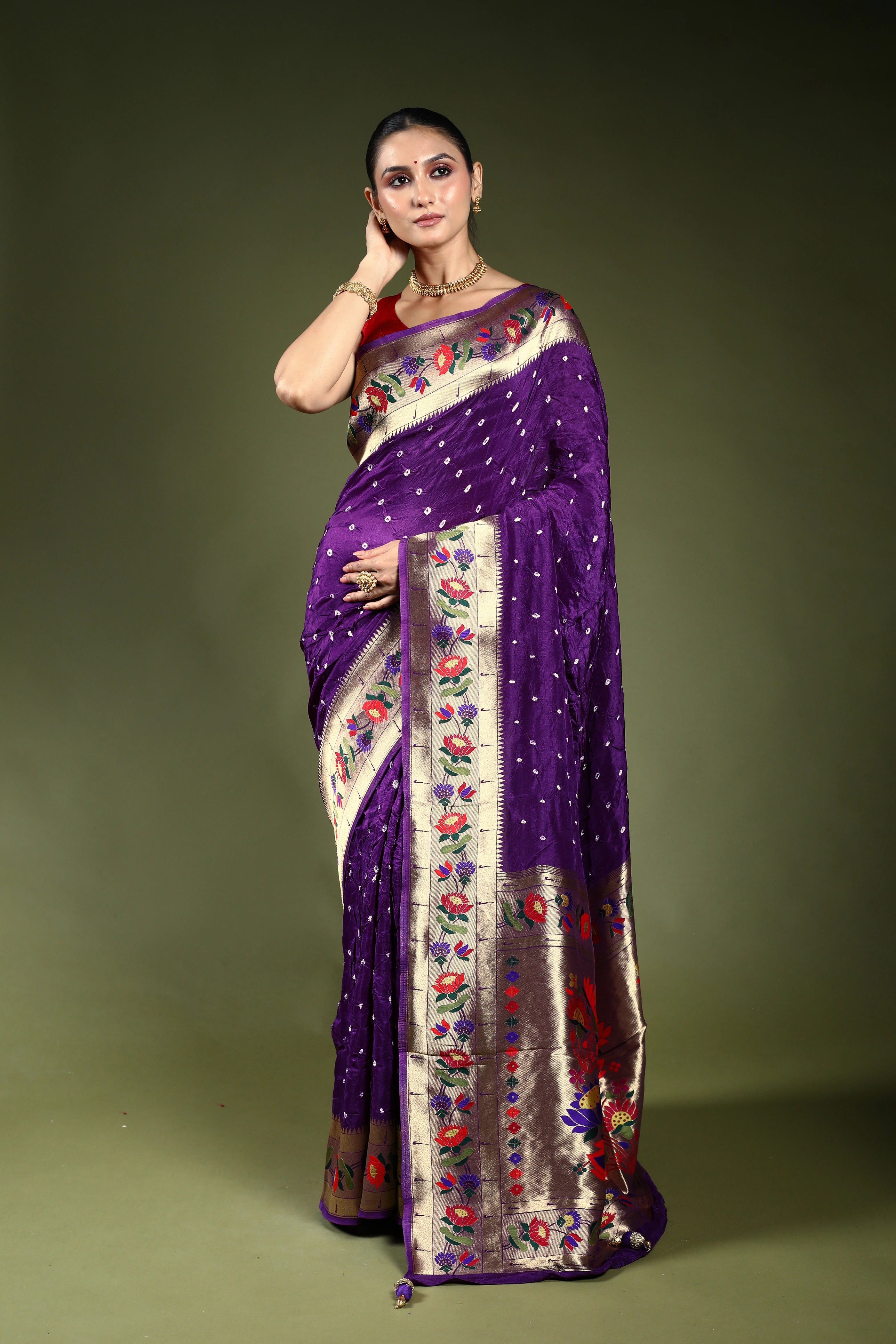 Purple Semi Bandhej Paithani Saree With Blouse Piece