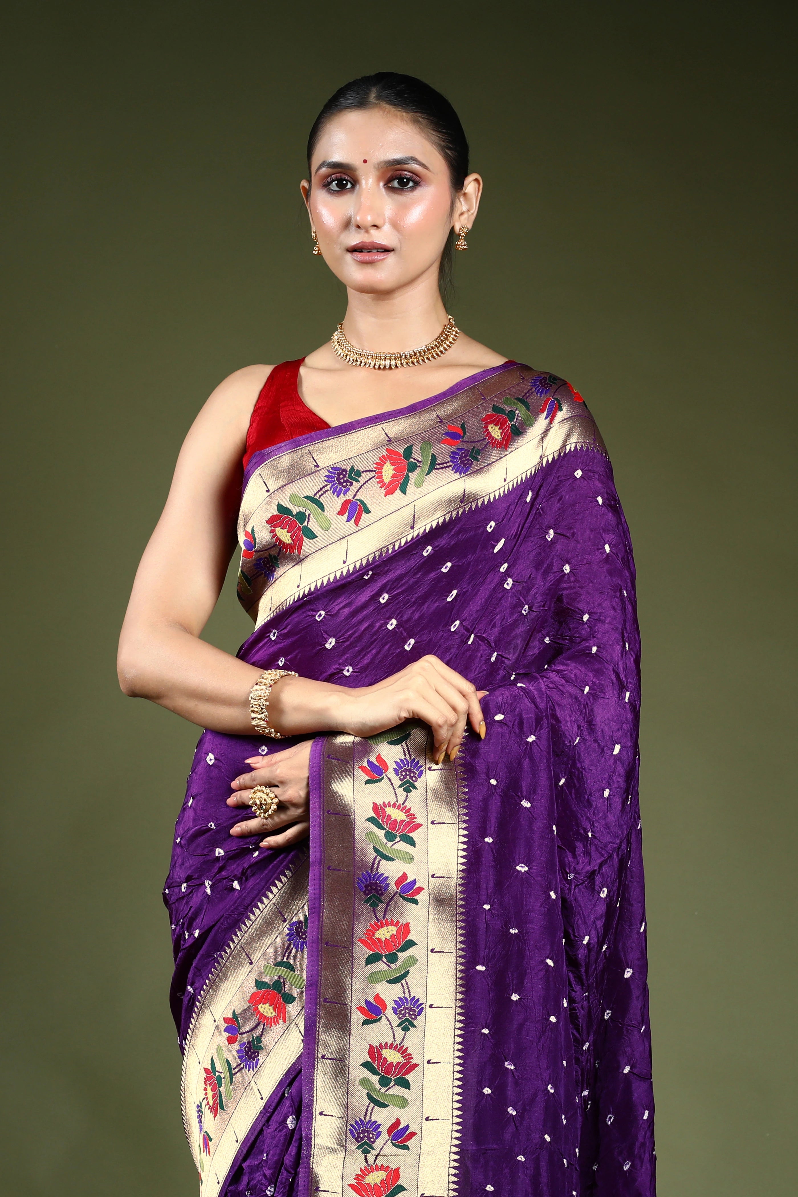 Purple Semi Bandhej Paithani Saree With Blouse Piece