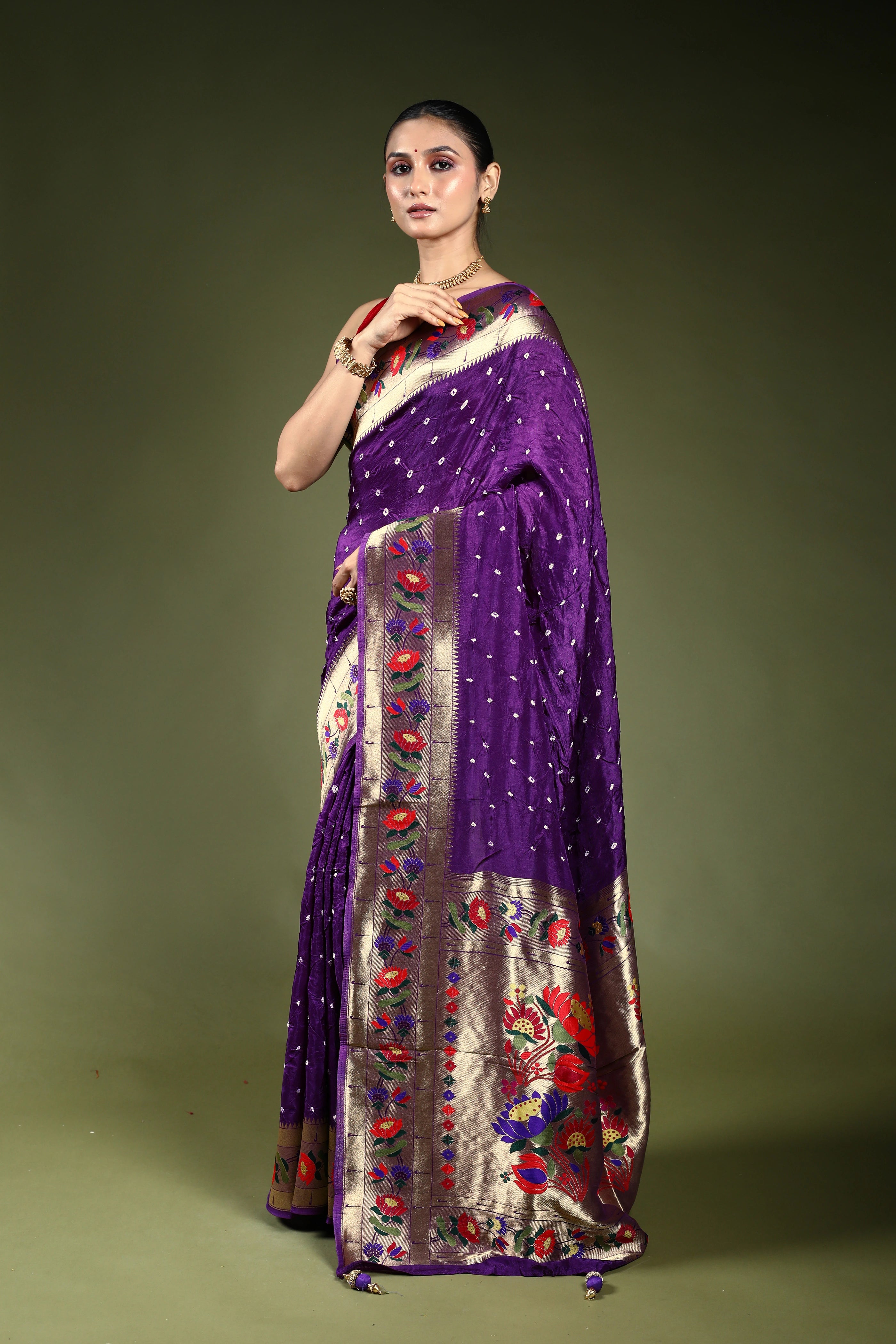 Purple Semi Bandhej Paithani Saree With Blouse Piece