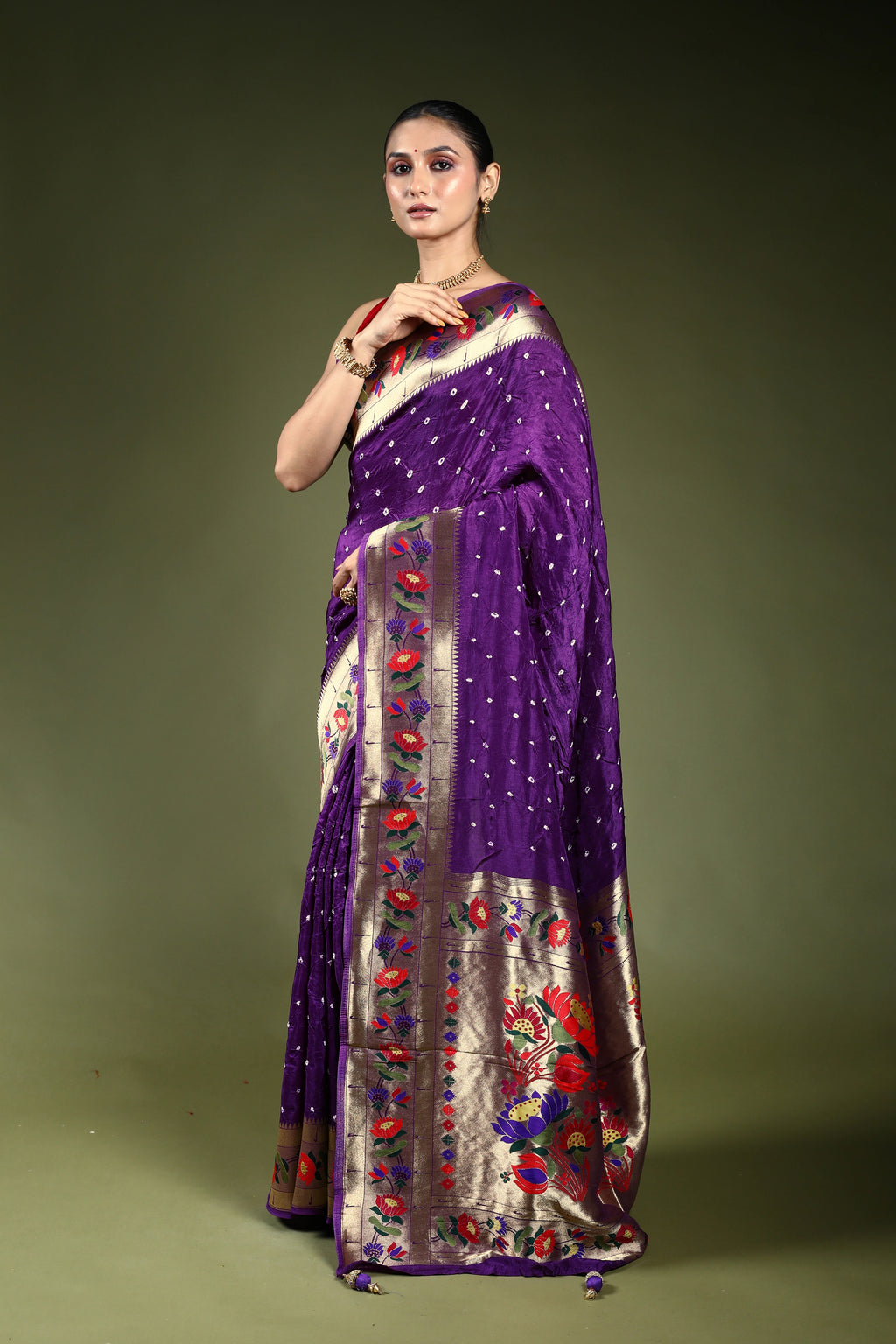 Purple Semi Bandhej Paithani Saree With Blouse Piece