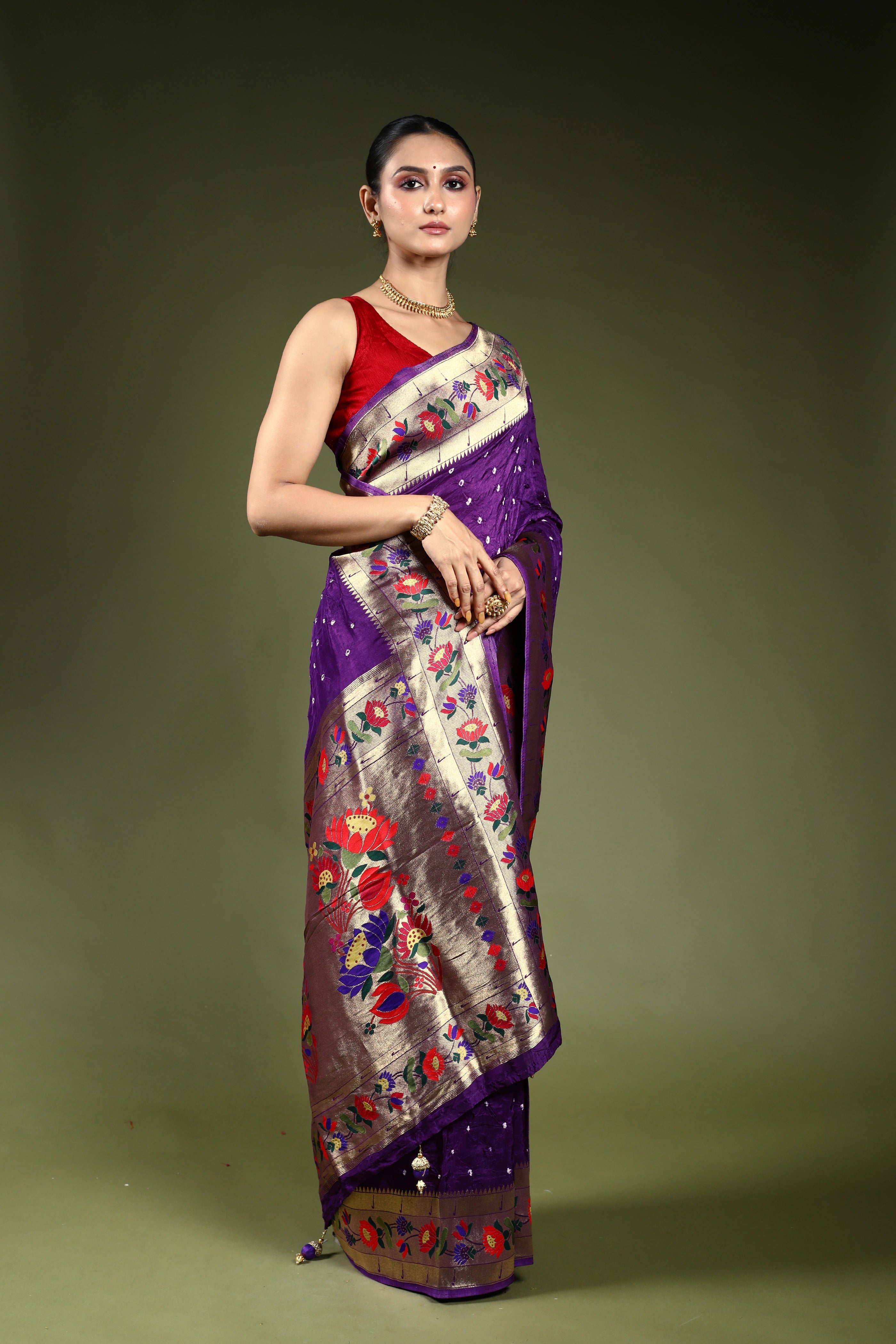 Purple Semi Bandhej Paithani Saree With Blouse Piece