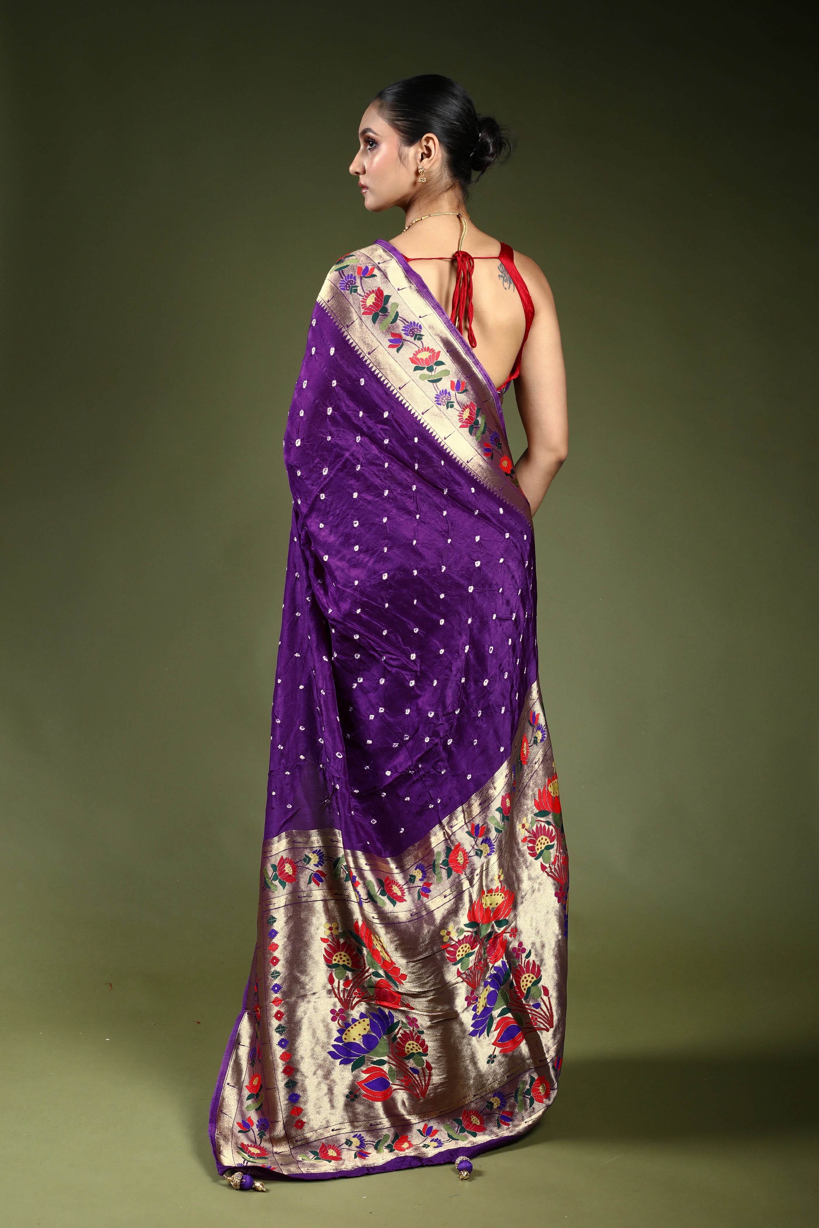 Purple Semi Bandhej Paithani Saree With Blouse Piece