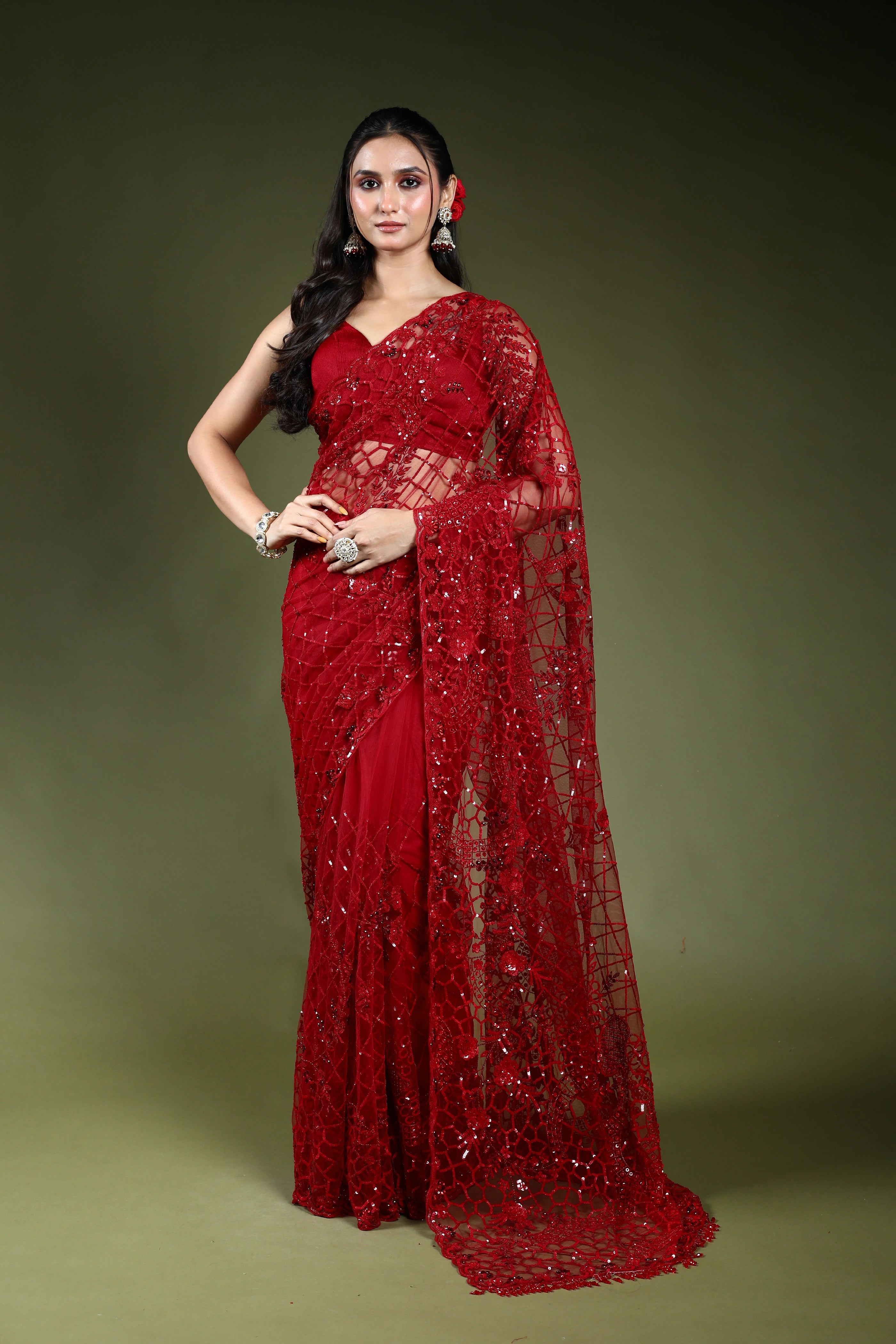 Red Exclusive Net Sequence Work Saree With Blouse Piece
