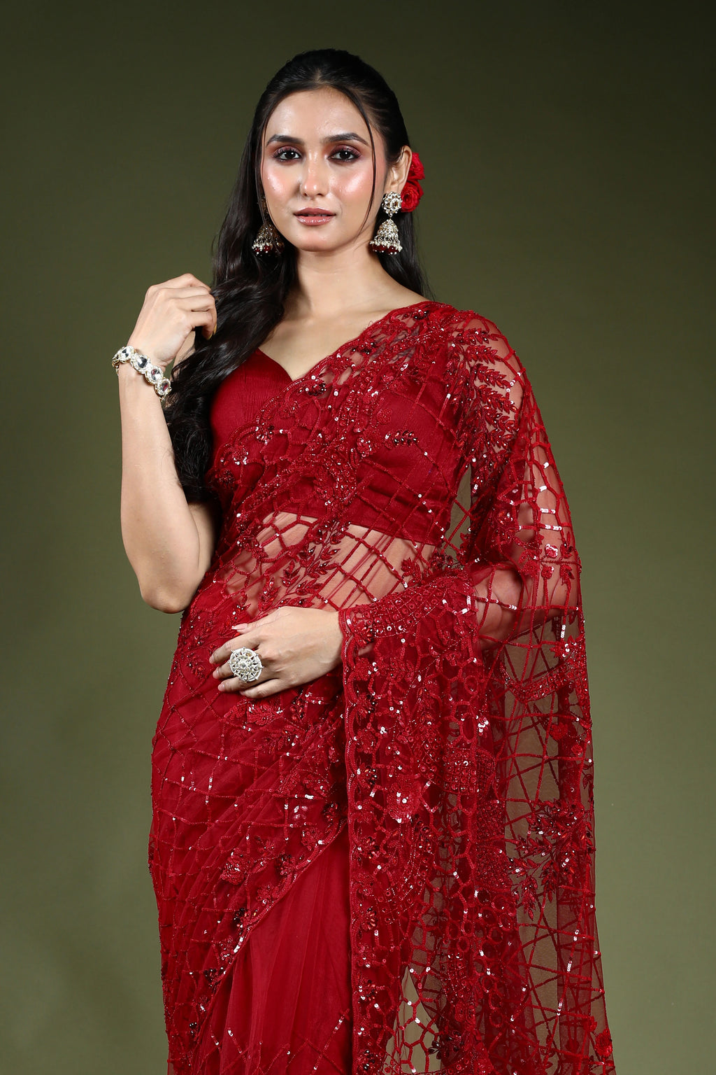 Red Exclusive Net Sequence Work Saree With Blouse Piece