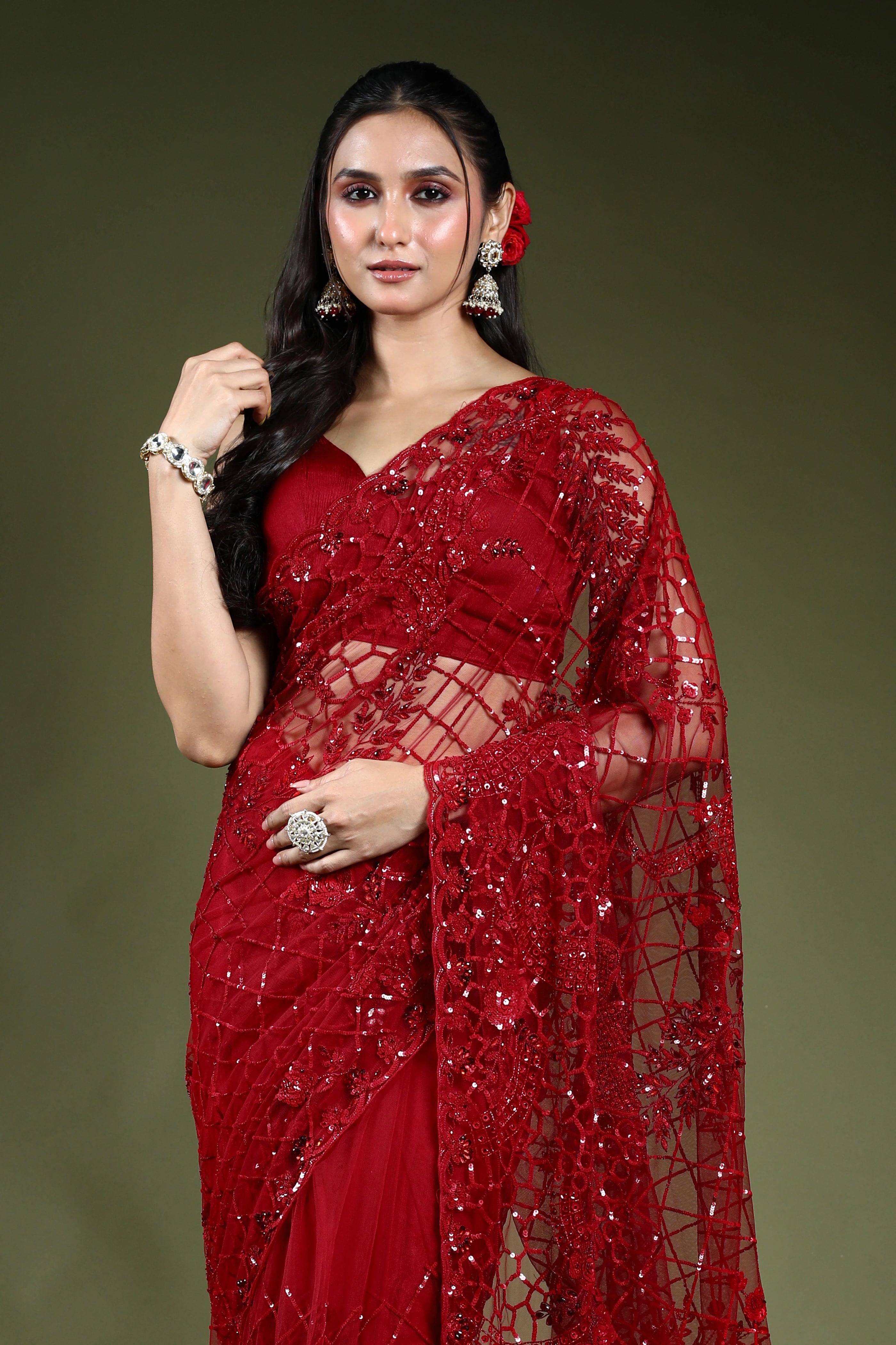 Red Exclusive Net Sequence Work Saree With Blouse Piece