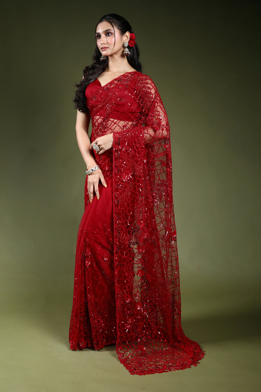 Red Exclusive Net Sequence Work Saree With Blouse Piece