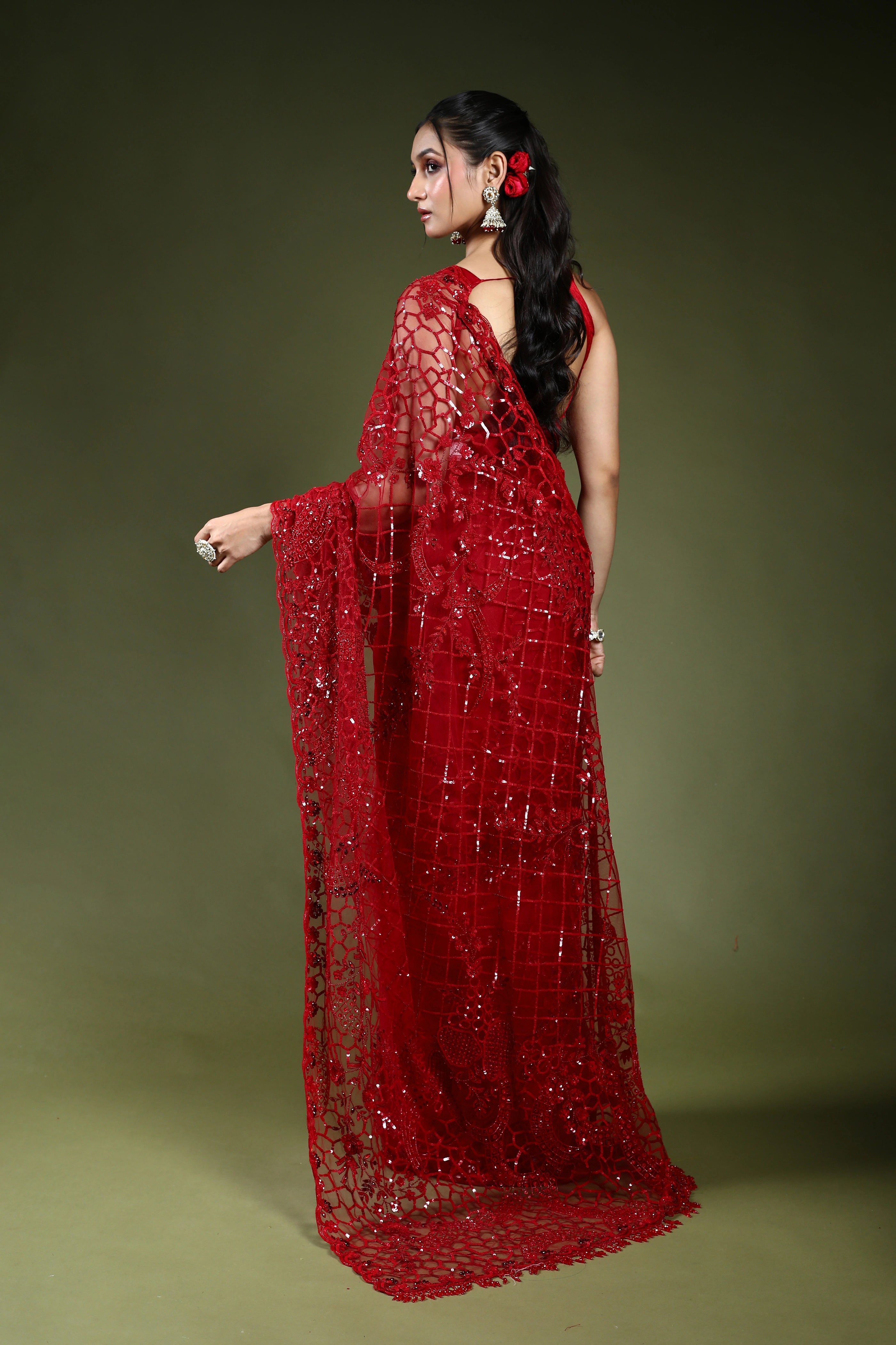 Red Exclusive Net Sequence Work Saree With Blouse Piece