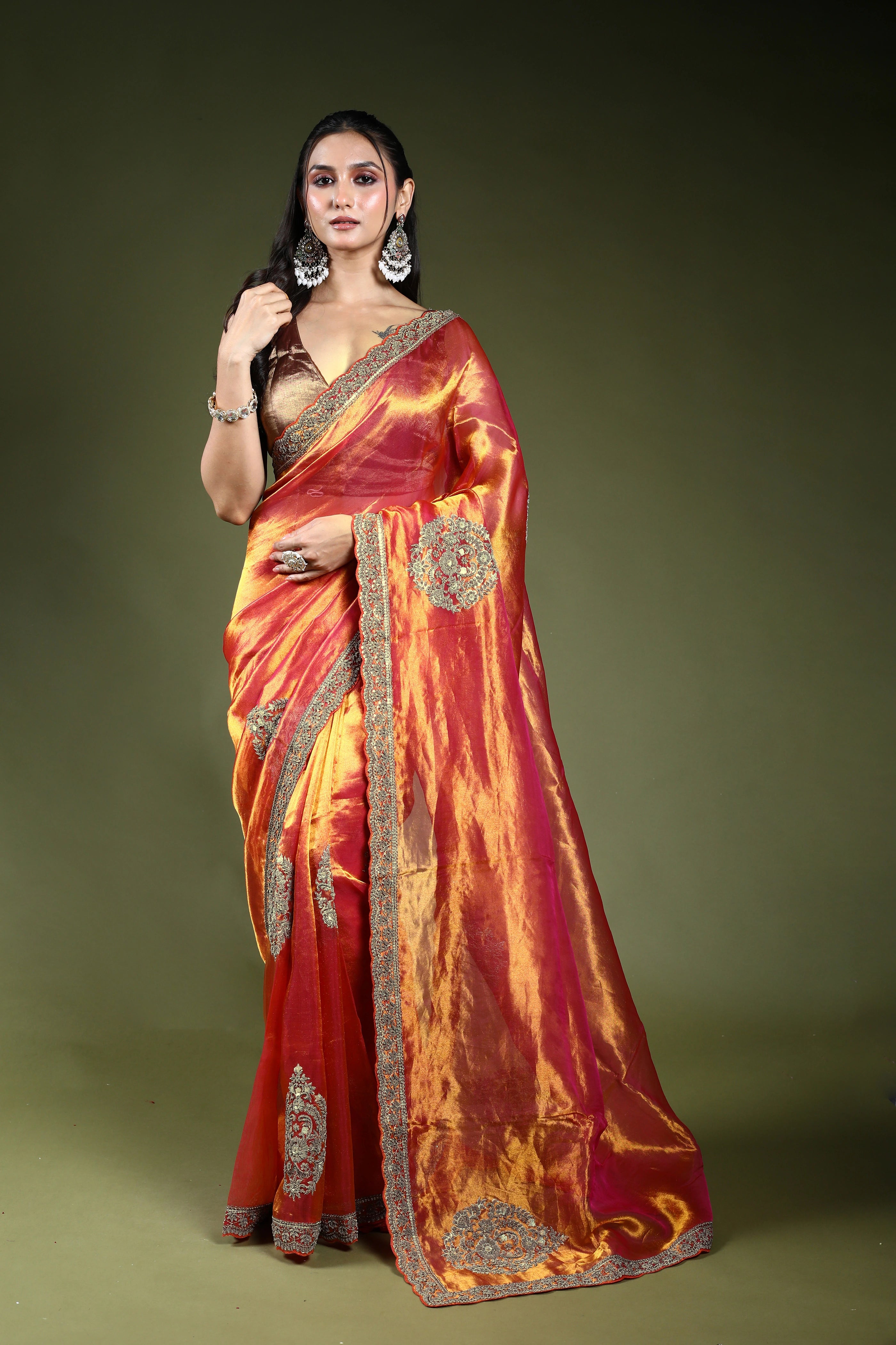 Rani Orange Dual Tone Exclusive Tissue Zardosi Work Saree With Blouse Piece