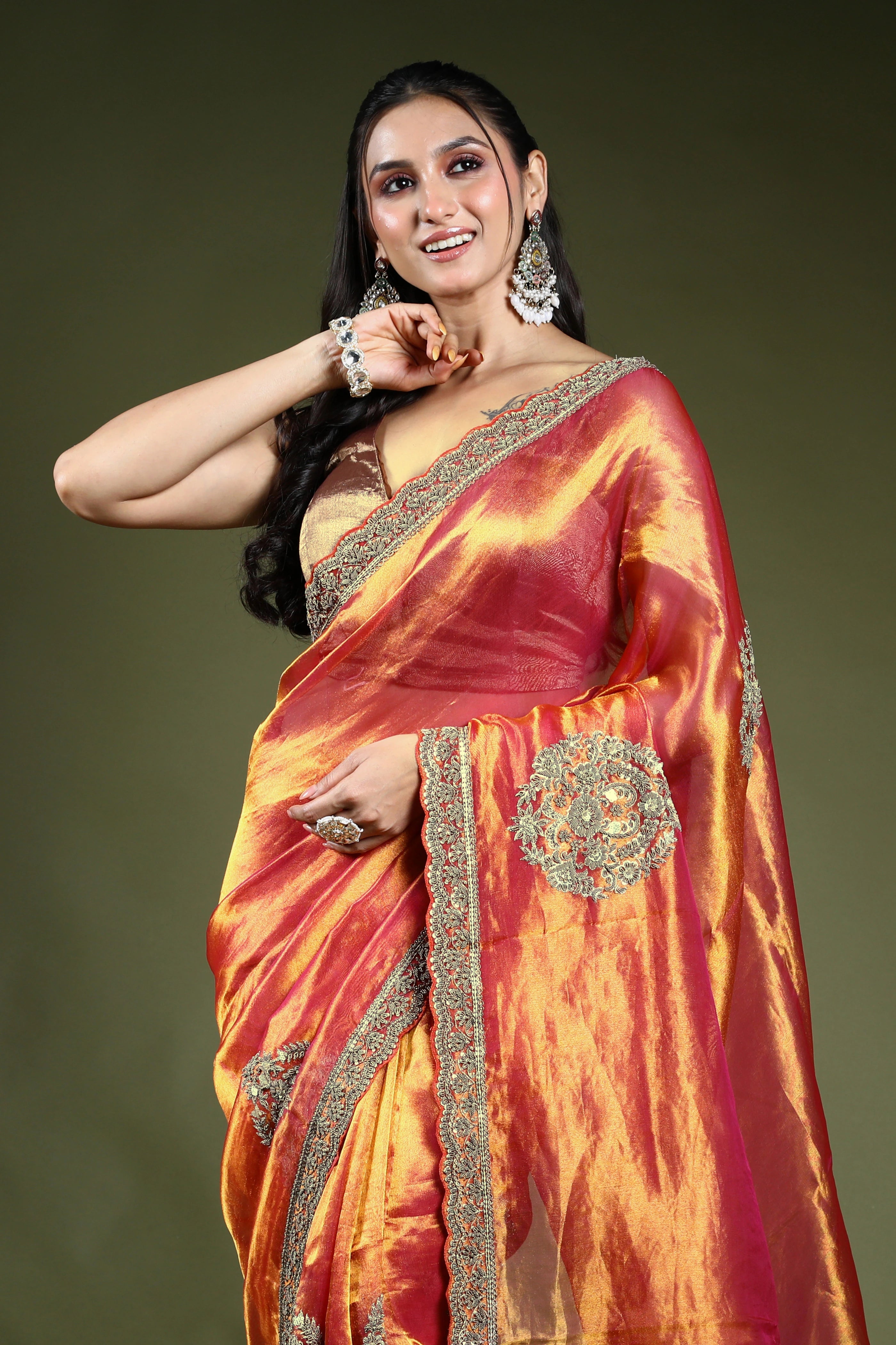 Rani Orange Dual Tone Exclusive Tissue Zardosi Work Saree With Blouse Piece